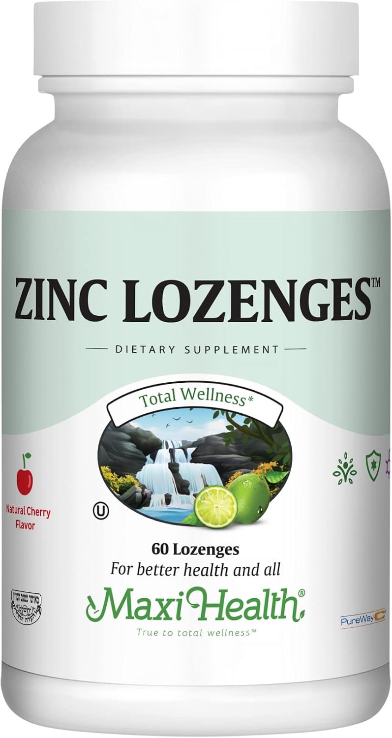 Maxi-Health Zinc Lozenges – Zinc Citrate 10mg – with Vitamin C – Cherry Flavor – 60 Chewables – Kosher