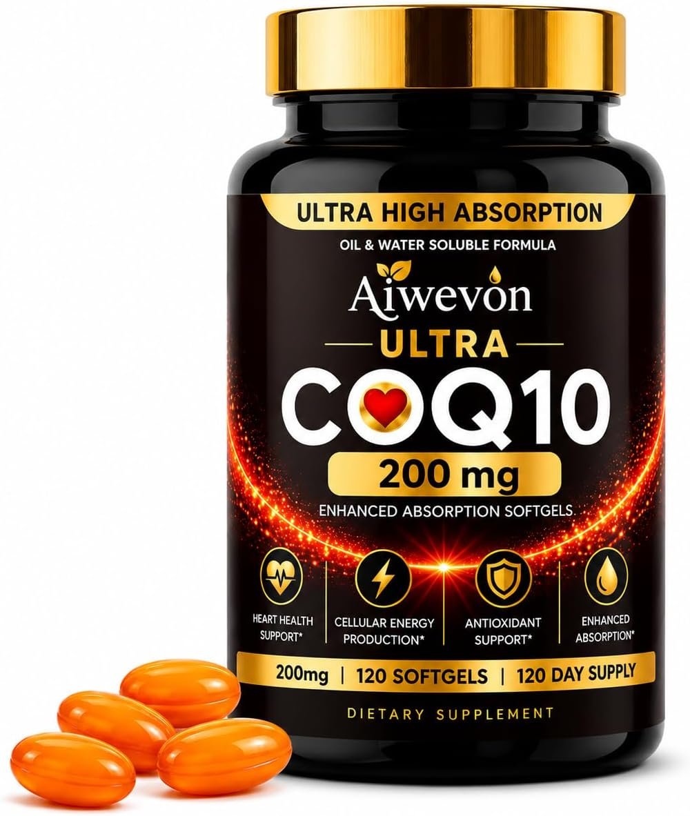 CoQ10 200mg Softgels, Coenzyme Q10 (Ubiquinone) Supplement, High Absorption Formula with Vitamin E, Antioxidant Support, Cellular Energy Support, Heart Wellness Supplement, 120 Softgels