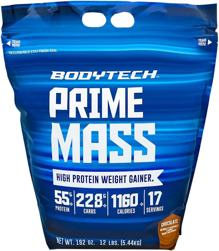 BodyTech Prime Mass – High-Calorie Mass Gainer – Supports Muscle Growth & Weight Gain – Chocolate (12 lb, 17 Servings)