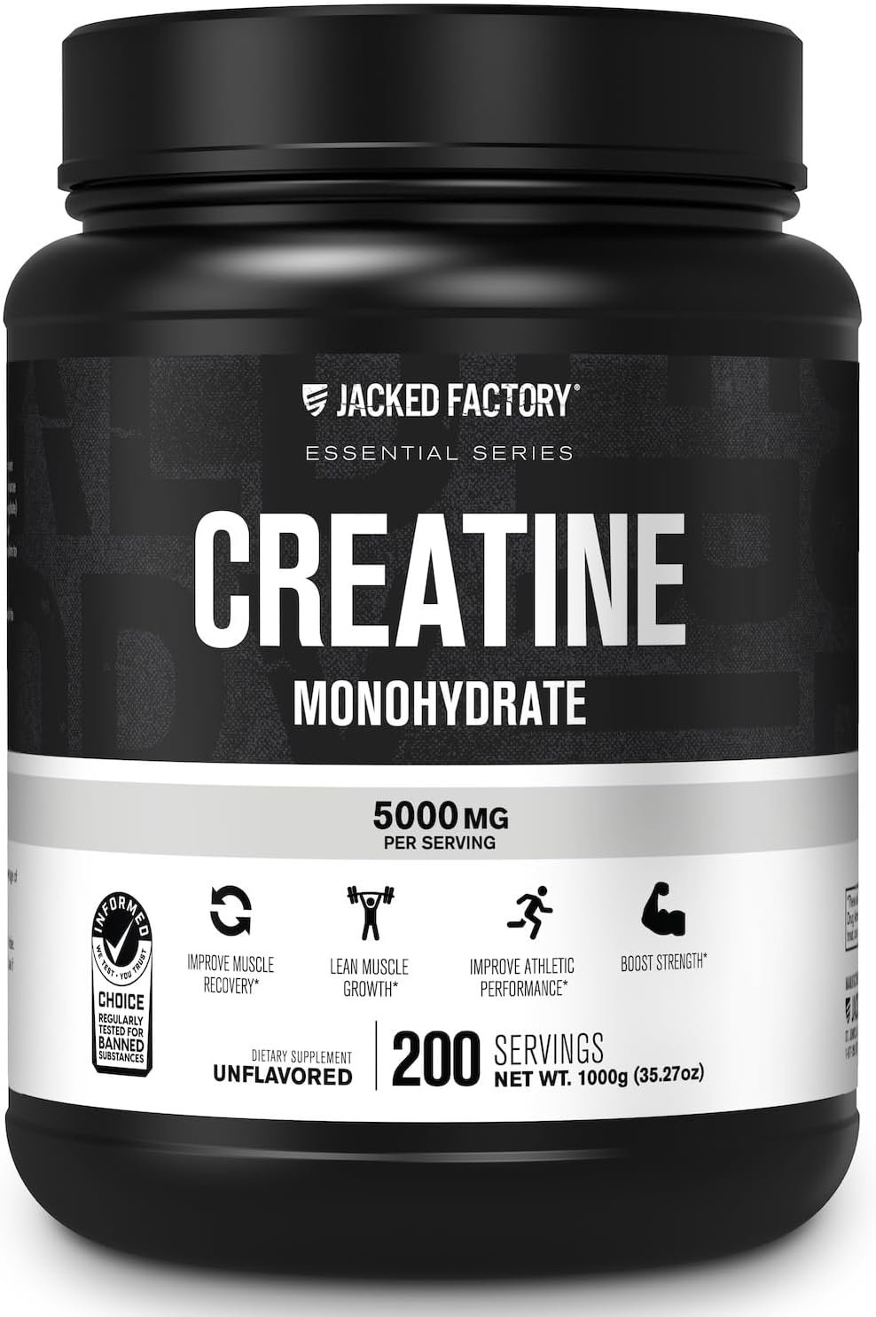 Jacked Factory Creatine Monohydrate Powder 1000g – 5g Daily Micronized Creatine Monohydrate for Men and Women, Vegan-Friendly, Third-Party Tested – 200 Servings, Unflavored