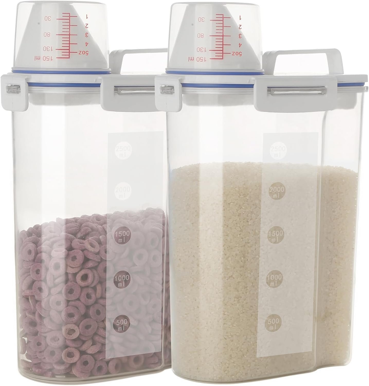 2 Pcs 5.5 LB Rice Storage Container, Airtight Cereal Flour Dispenser with Pouring Spout & Measuring Cup, Kitchen Plastic Clear Dry Food Storage Bin for Grain Oatmeal Snacks Pet Dog Food