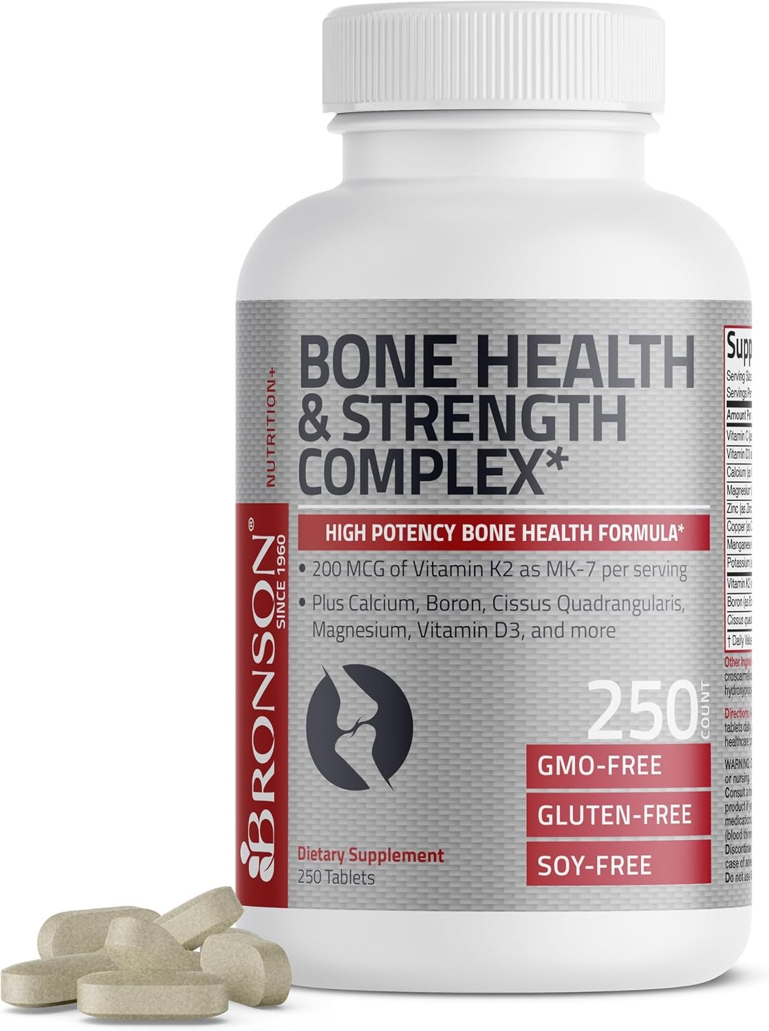 Bronson Bone Health & Strength Complex* High Potency Formula 200 MCG of Vitamin K2 as MK7, Plus Calcium, Boron, Cissus Quadrangularis, Magnesium, Vitamin D3, and More – Non-GMO, 250 Tablets