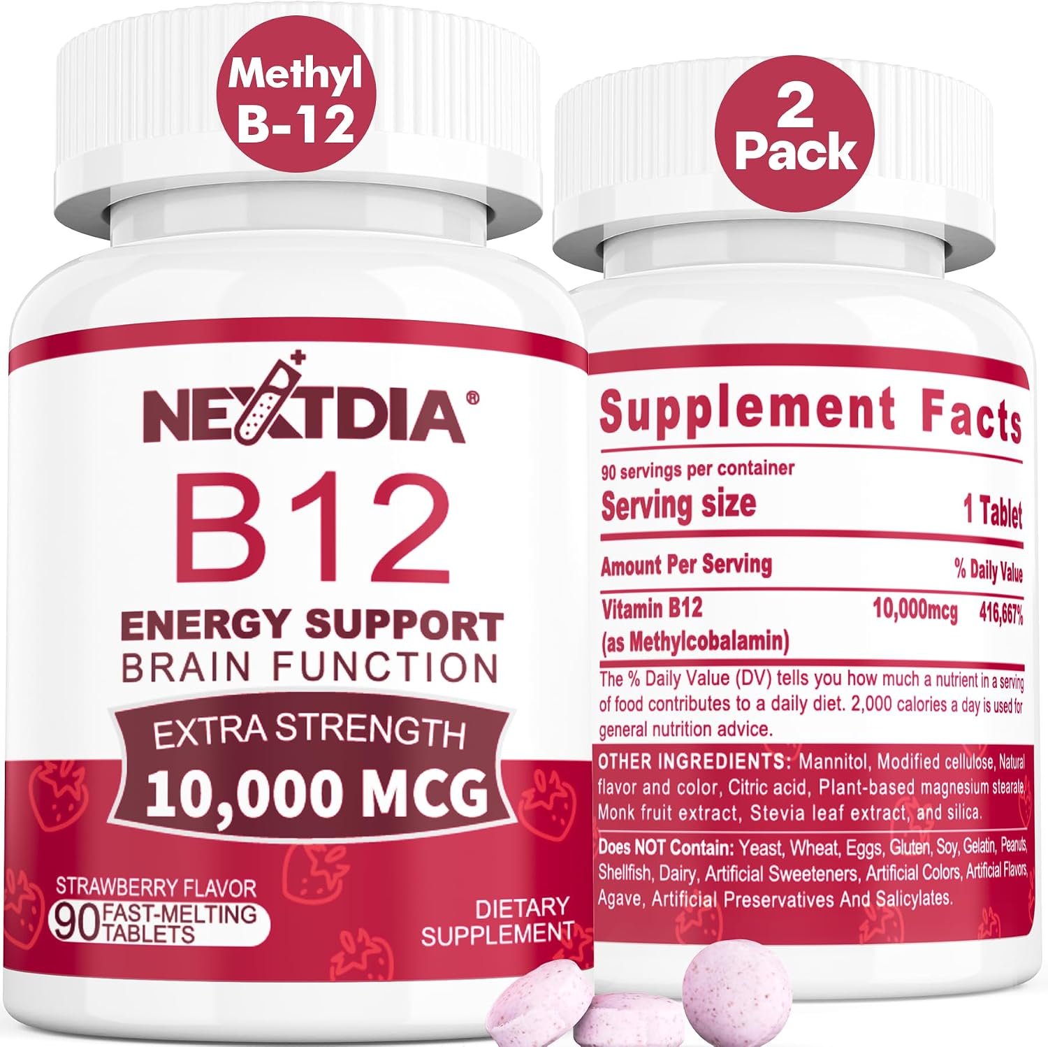 Vitamin B12 10,000 mcg Sublingual, Methylcobalamin, Sugar Free,180 Servings