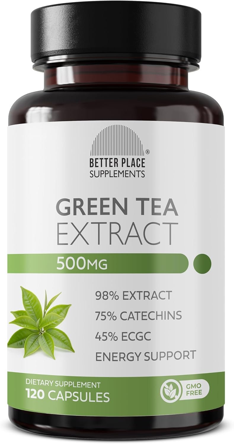 Better Place Supplements Green Tea 98% Extract 500mg | 120 Capsules – 4 Month Supply | 75% Catechins, 45% EGCG | Non-GMO Formula | Daily Energy & Antioxidant Support (1)