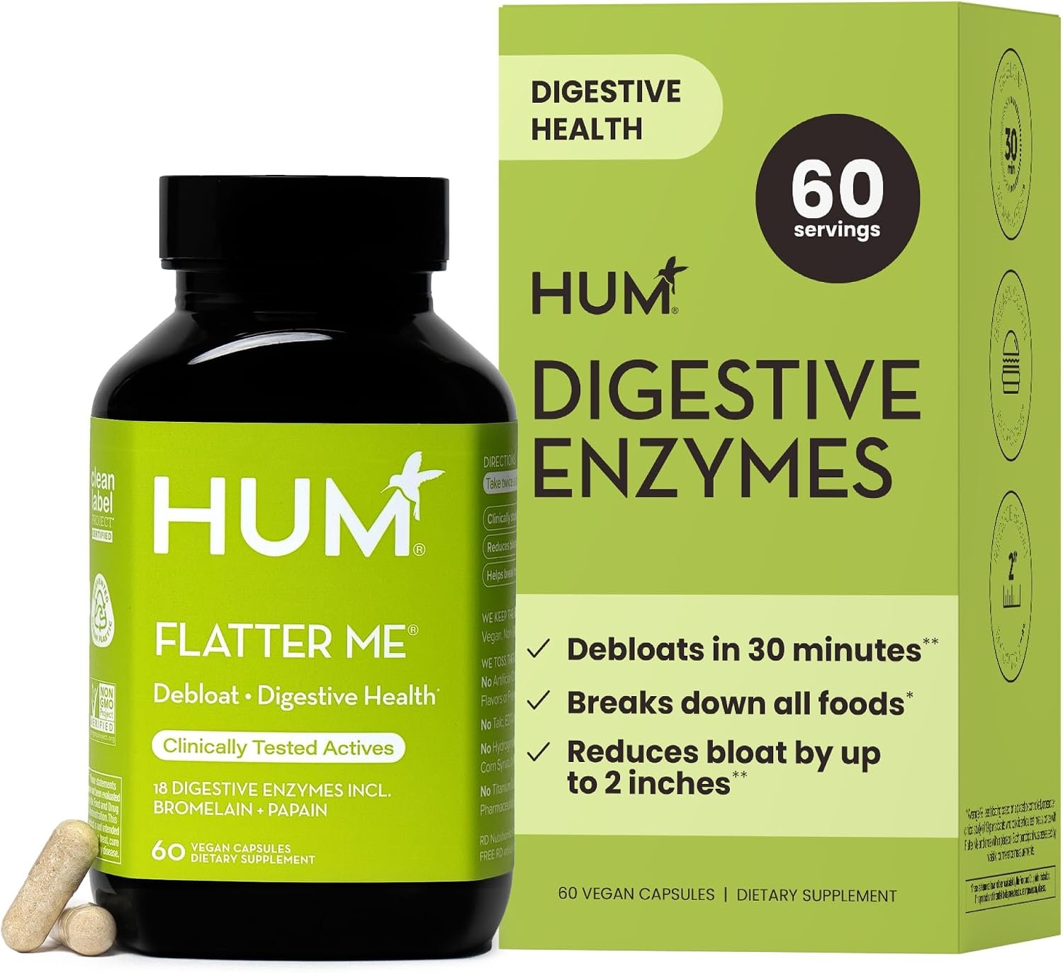 HUM Flatter Me Digestive Enzymes, Digestion & Bloating Support, 60 Count