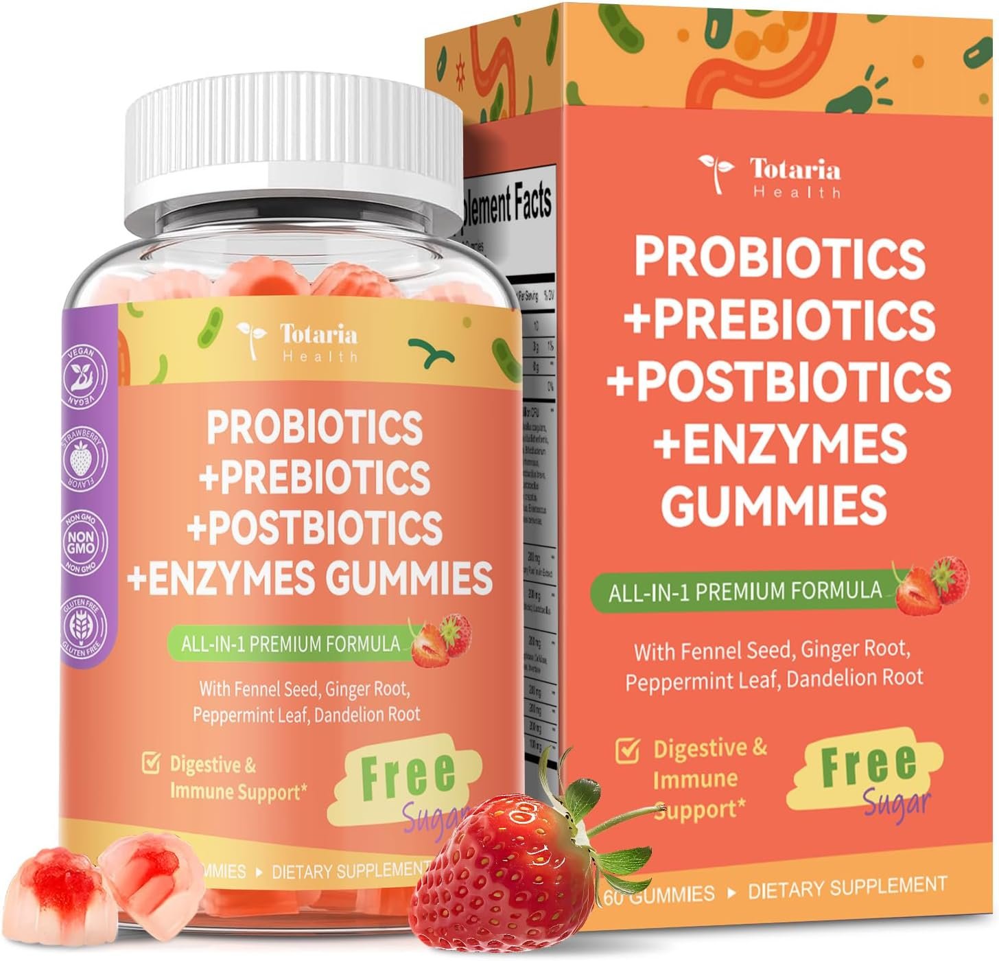 Totaria Sugar Free 5-in-1 Probiotic Prebiotic Postbiotic Gummy, 36 Strains Probiotics for Women Men with Fiber, Digestive Enzymes, Peppermint, Complete Immune, Gut & Digestive Support, Vegan, 60 Ct