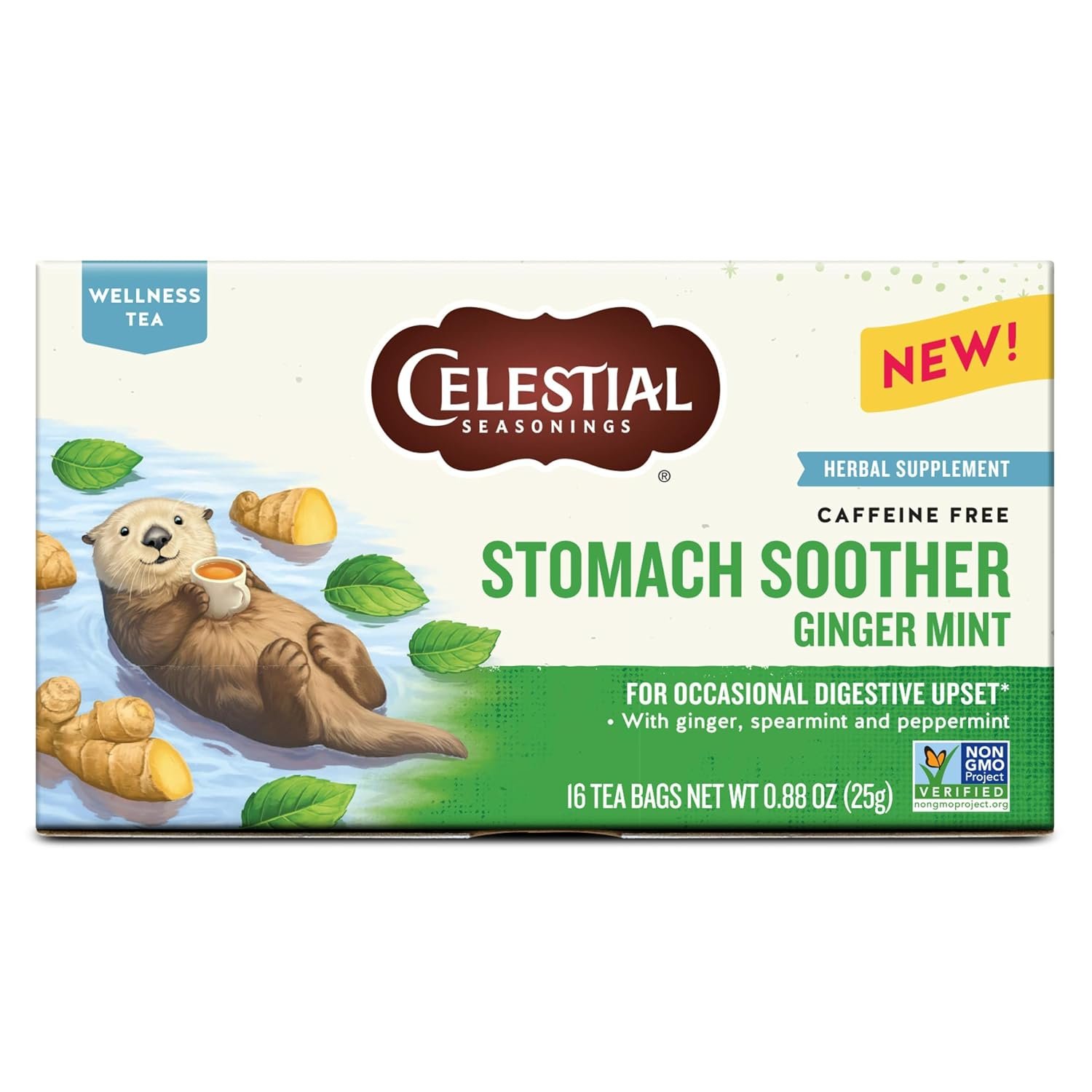 Celestial Seasonings Stomach Soother Wellness Tea, Caffeine-Free Herbal Tea, Helps Relieve Occasional Digestive Upset and Nausea, 16 Tea Bags