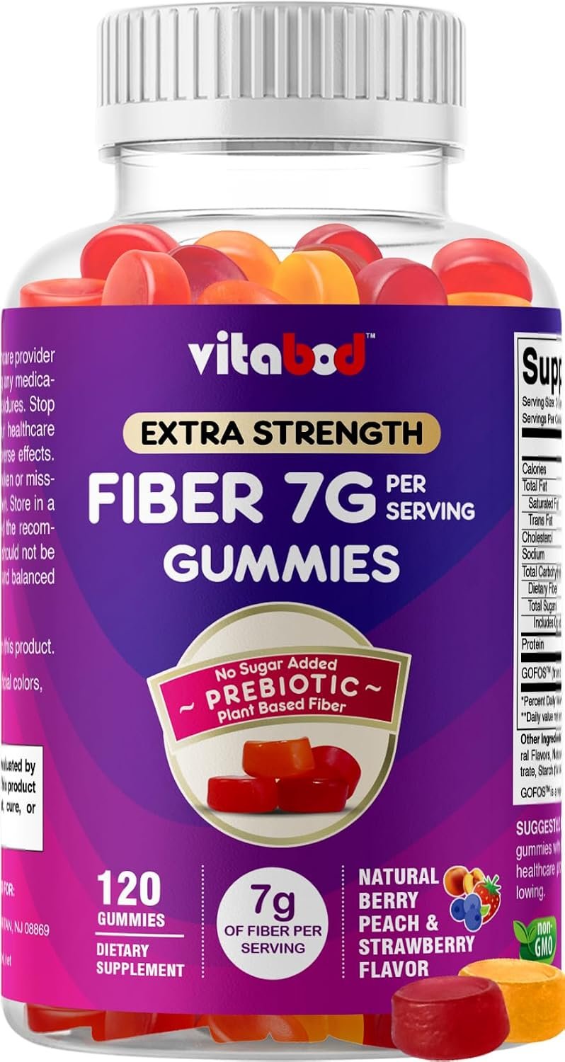 Vitabod Fiber Gummies 7G Per Serving for Digestive Health & Regularity, Prebiotic GOFOS™ Plant-Based Fiber, No Sugar Added, Vegan, Berry Peach Strawberry, 120 Gummies (Adults, Women & Men)