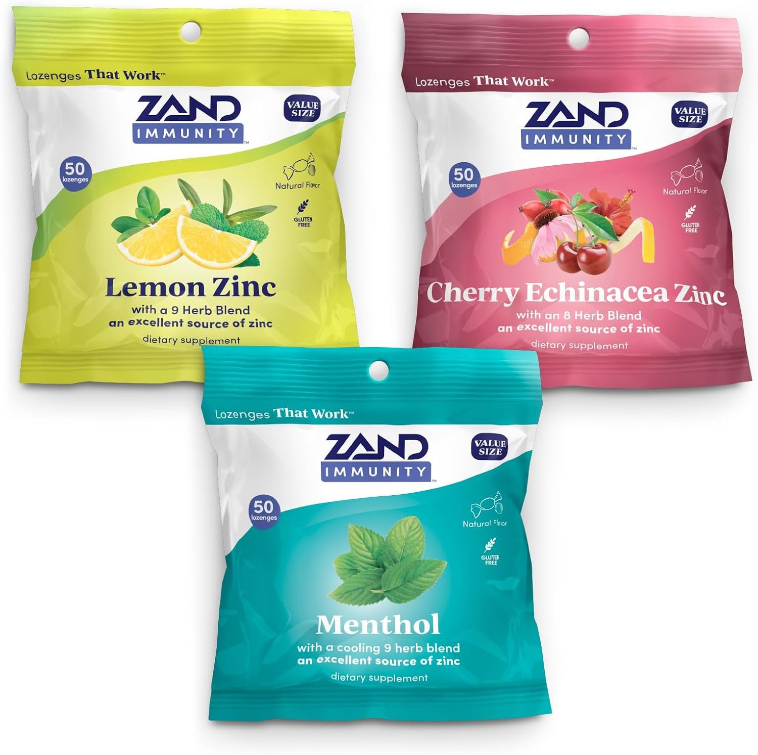 ZAND Immunity Variety 3 Pack – Lemon Zinc, Menthol and Cherry Echinacea Zinc Throat Lozenges – Good-for-You Dry Mouth Lozenges, Immune Support Supplement – Natural Flavor, Vegan, Gluten Free, 50ct ea