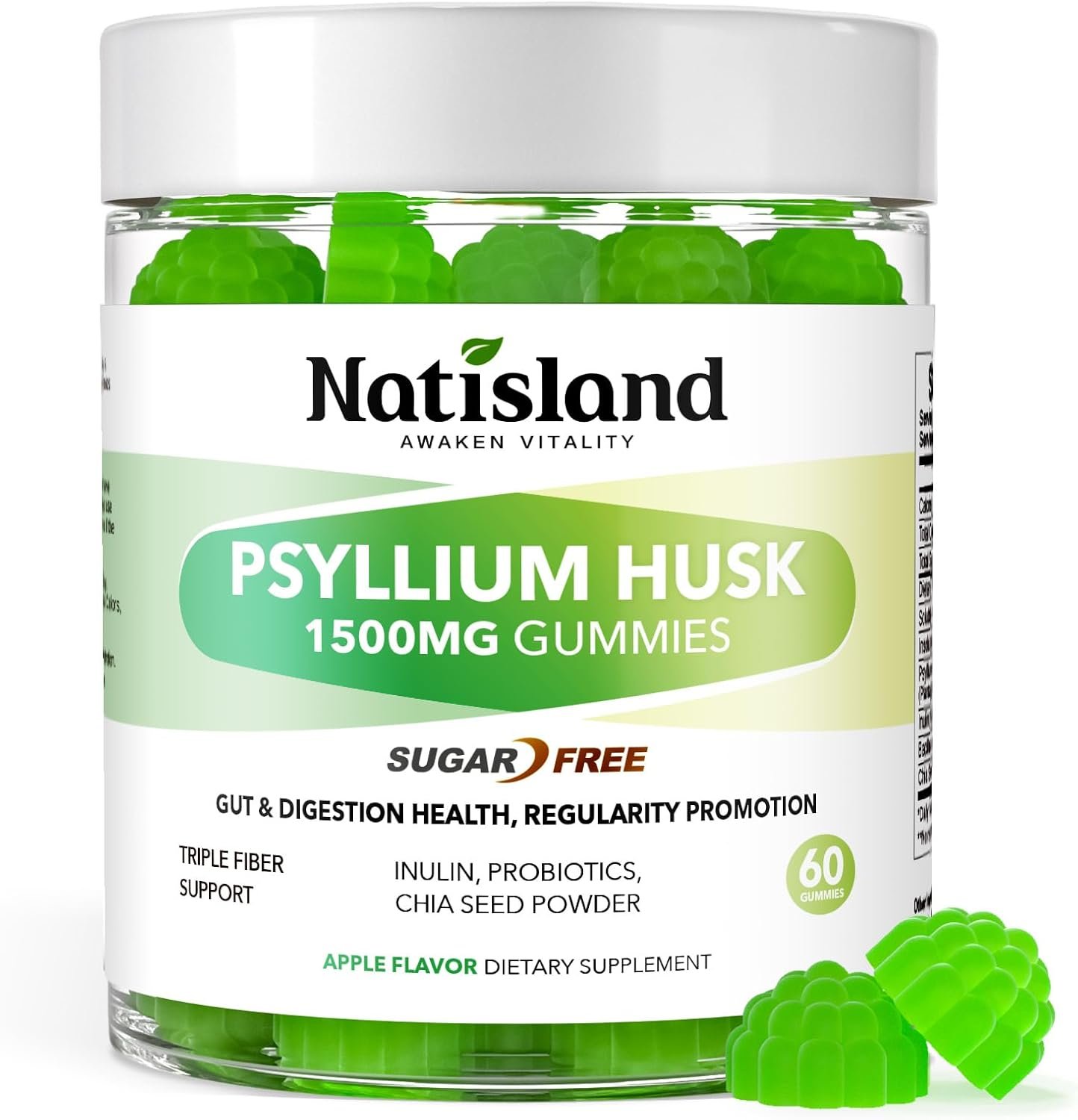 Psyllium Husk Gummies, 1500mg Psyllium Husk Fiber Supplement with Probiotics, Inulin, Chia Seed Powder for Gut & Digestive Health, Regularity, Vegan, Sugar Free, 60 Chewable
