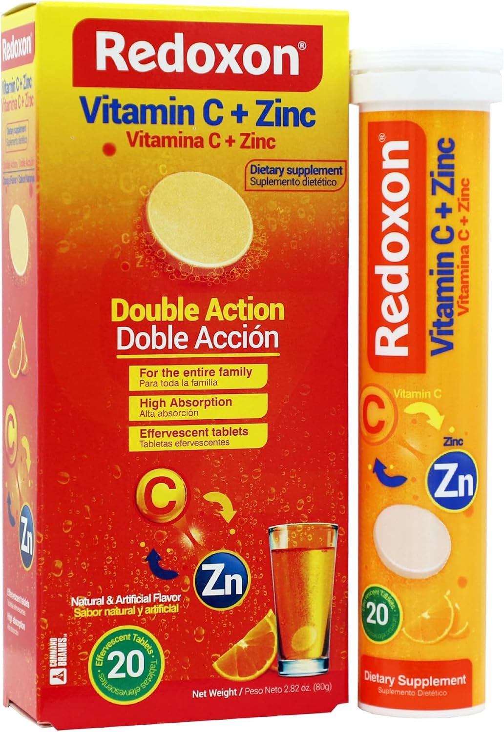 Redoxon Vitamin C + Zinc, Effervescent Tablets of Vitamin C and Zinc, Helps Support Your Immune System, Orange Flavor, 20 Effervescent Tablets, 2.82 Oz, Box