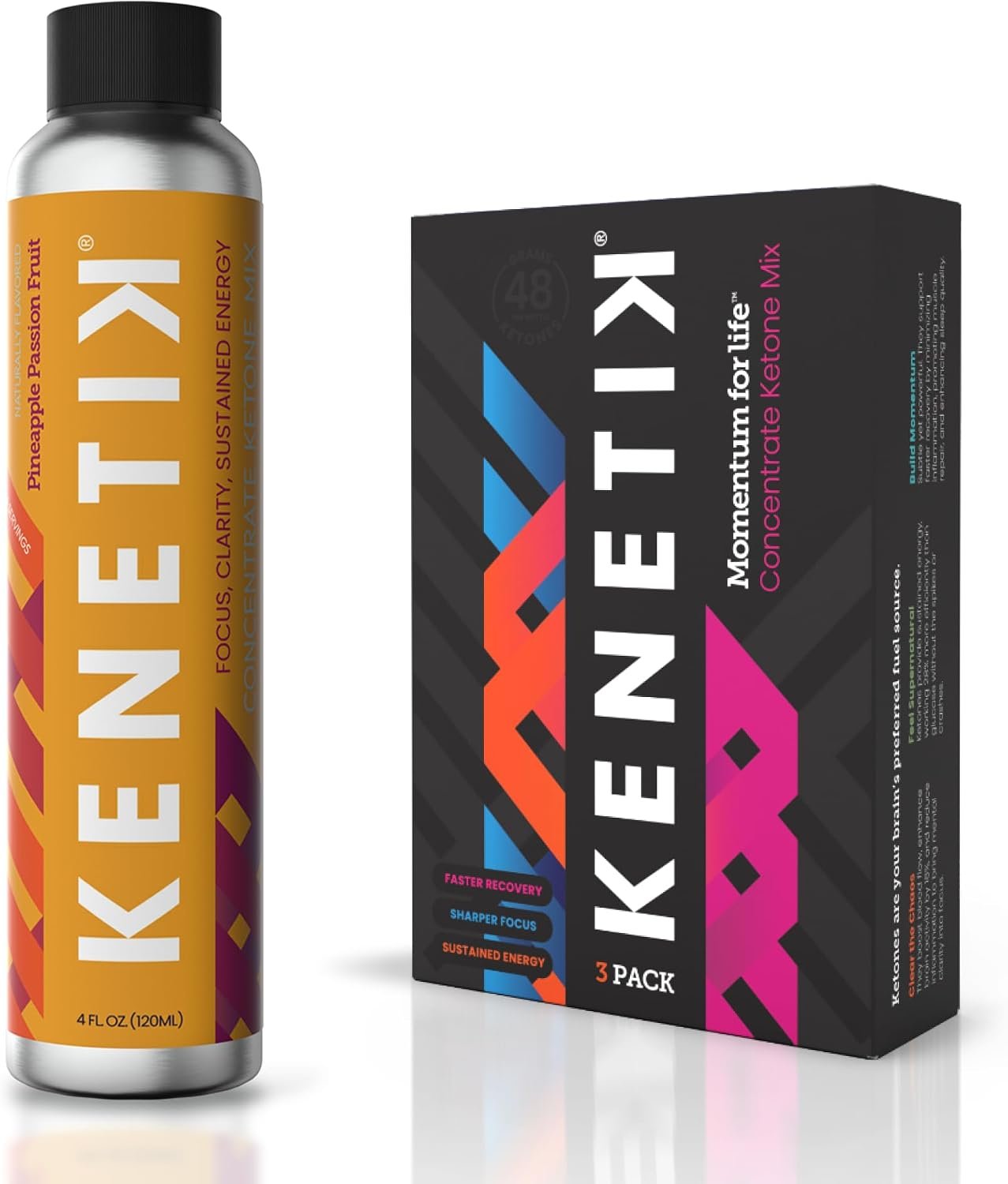 KENETIK Caffeine-Free Focus Concentrate – Brain Fuel for Mental Clarity Cognitive Endurance, Sugar-Free, Bioidentical Ketones (D-BHB), 4oz (4 Servings) – 3 Pack, Pineapple Passionfruit