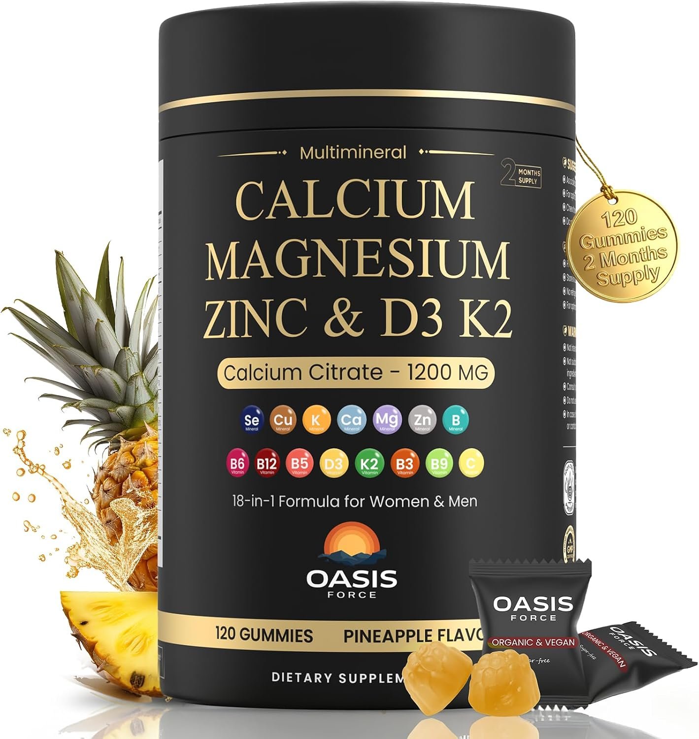 Calcium 1200 mg with Vitamin D3 Gummies, Calcium Citrate Supplements for Women & Men with Magnesium, Zinc, Vitamin D3 & K2, Potassium, Chews for Bone Strength & Muscle Support, Sugar Free, Vegan
