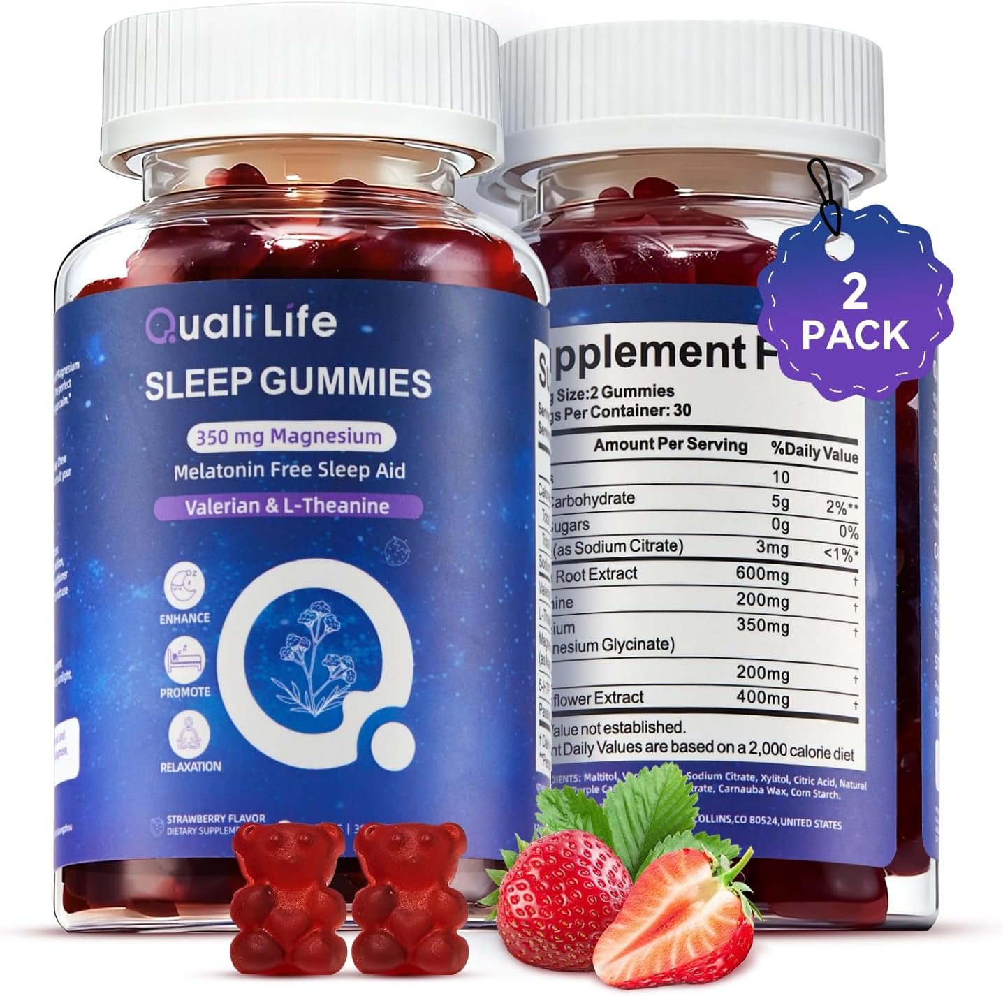 Melatonin Free Sleep Gummies for Adults with Magnesium, Valerian Root, 5-HTP & Herbal Blend – Natural Sleep Aid Supplements – Non-Habit Forming, Sugar Free, Strawberry Flavor, 60 Count (2)
