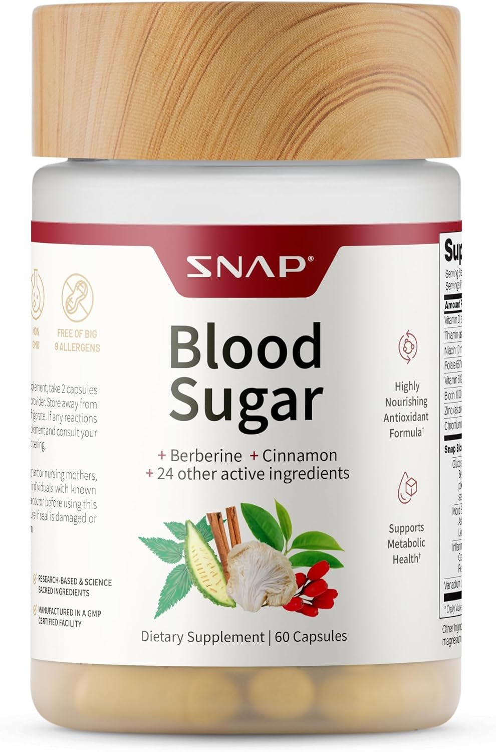 Snap Supplements Blood Sugar Blend with Berberine, CoQ10, 60 Vegan Capsules