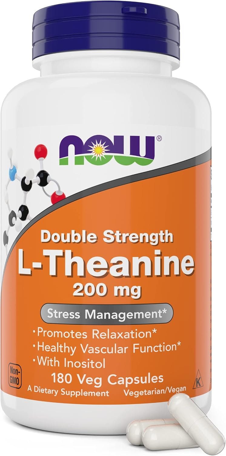 NOW Foods L-Theanine, Double Strength 200 mg Per Cap – 180 Veg Capsules – Enhanced with 100mg Inositol – Vegetarian, Non-GMO – Ltheanine 200mg Supplement