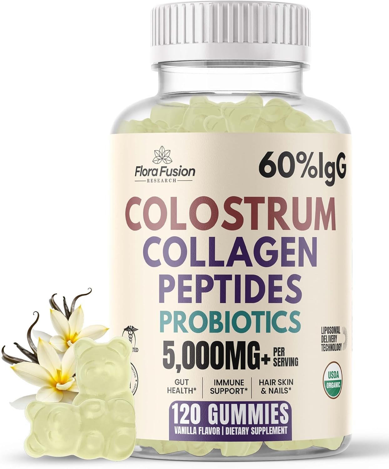 Flora Fusion Bovine Colostrum Gummies 5000mg with Collagen Peptides & Probiotics for Women & Men, 60% IgG for Gut Health & Immune Support, Grass-Fed, Sugar-Free, 120 Gummies (Vanilla)