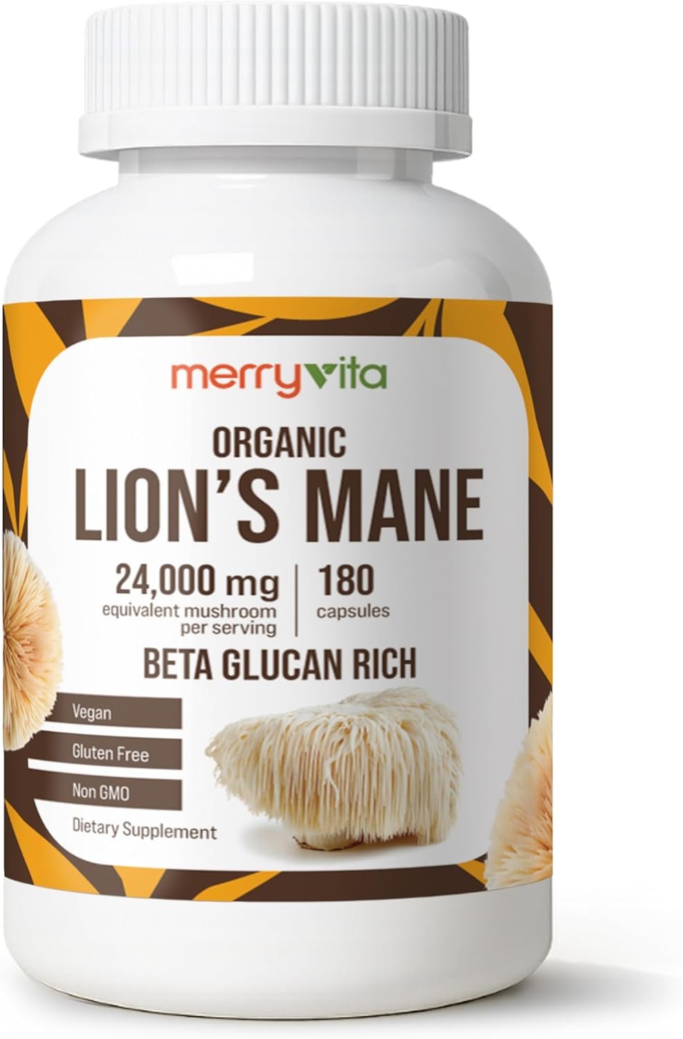MERRY VITA Lion’s Mane Supplement Capsules – Mushroom Supplement for Immune Brain, Memory & Focus – Non GMO, Vegan Friendly – 180 Capsules