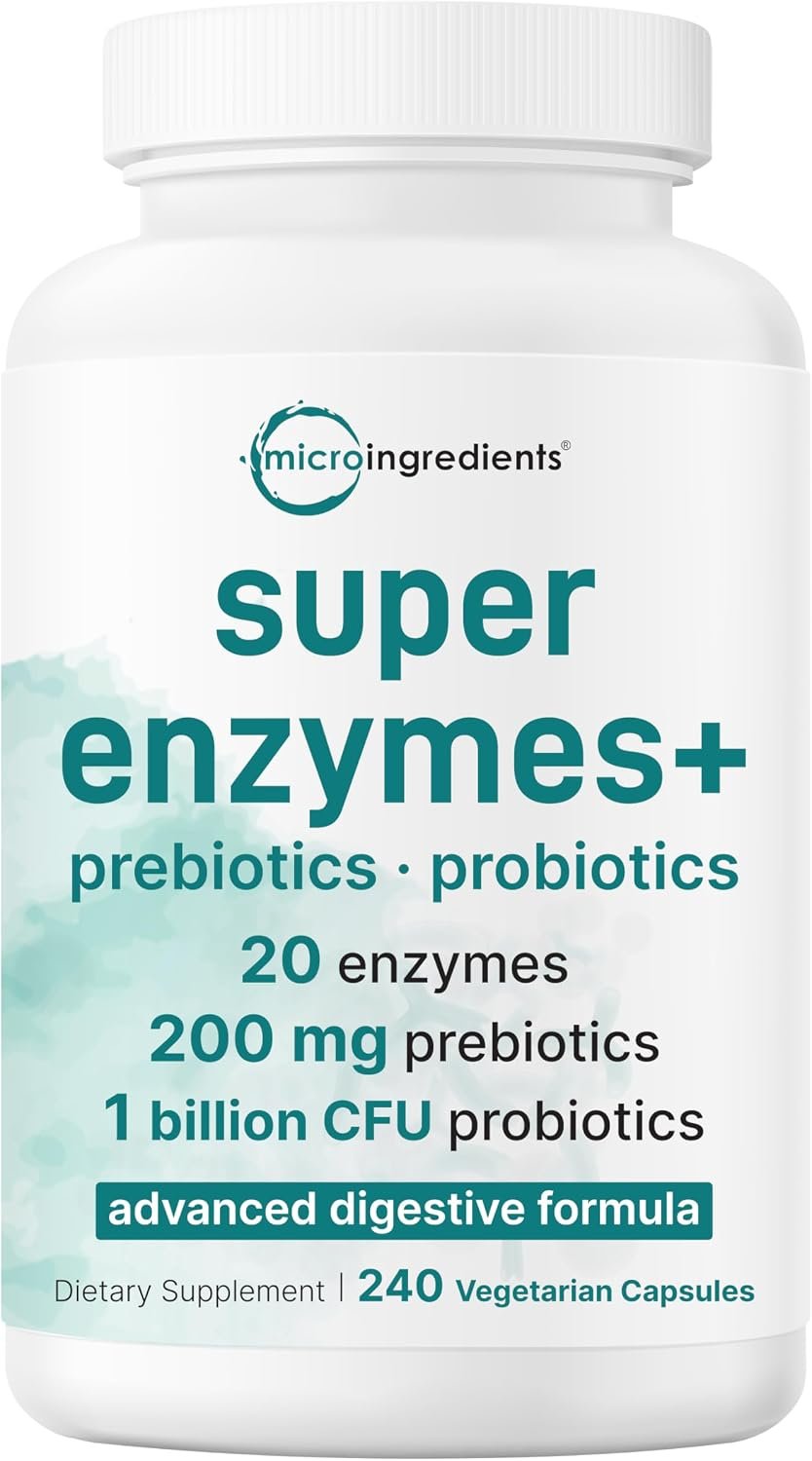 Micro Ingredients Super Enzymes with Prebiotics & Probiotics, 240 Veggie Capsules | Digestive Enzymes for Women & Men | Probiotic, Bromelain, Psyllium Husk & More | Immune & Gut Health Support