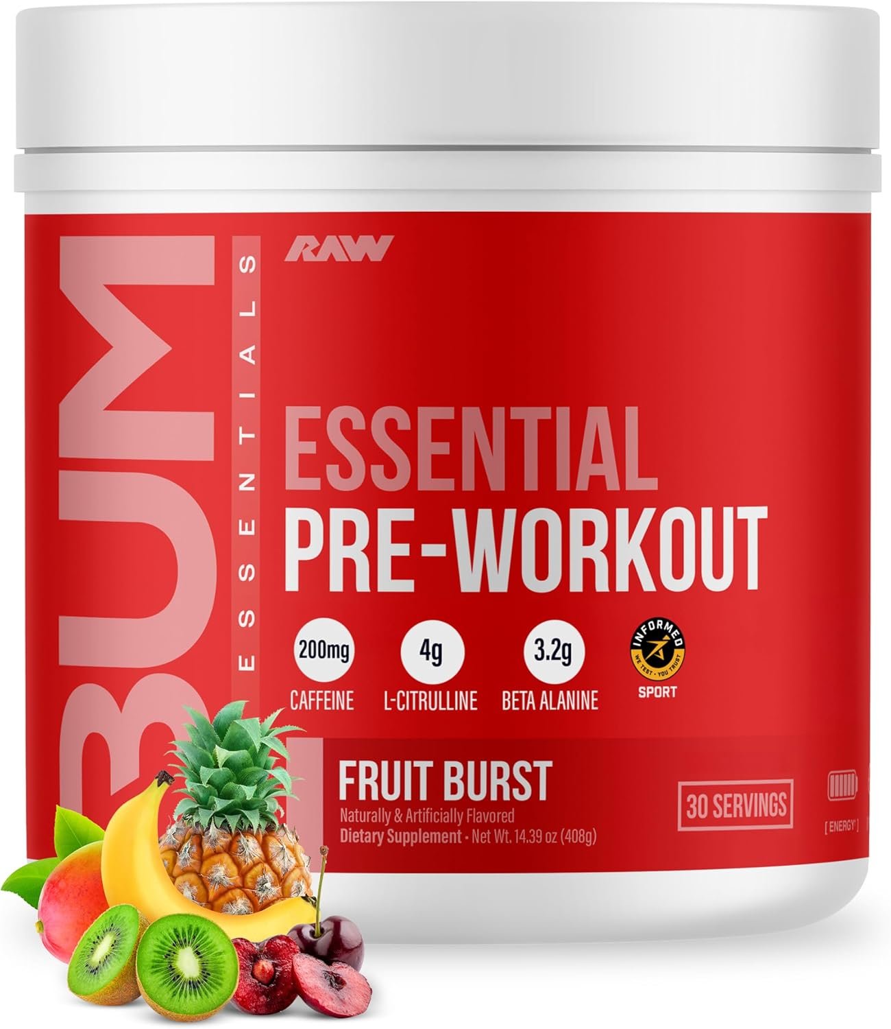RAW Essential Pre-Workout Powder (Fruit Burst) – Chris Bumstead Sports Nutrition Supplement for Men & Women – Preworkout Energy Powder with Caffeine, L-Citrulline, L-Tyrosine, & Beta Alanine Blend