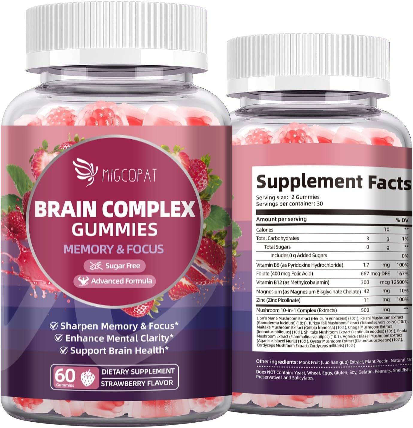 Migcopat Brain Supplements for Memory and Focus Gummies, 60 Cts
