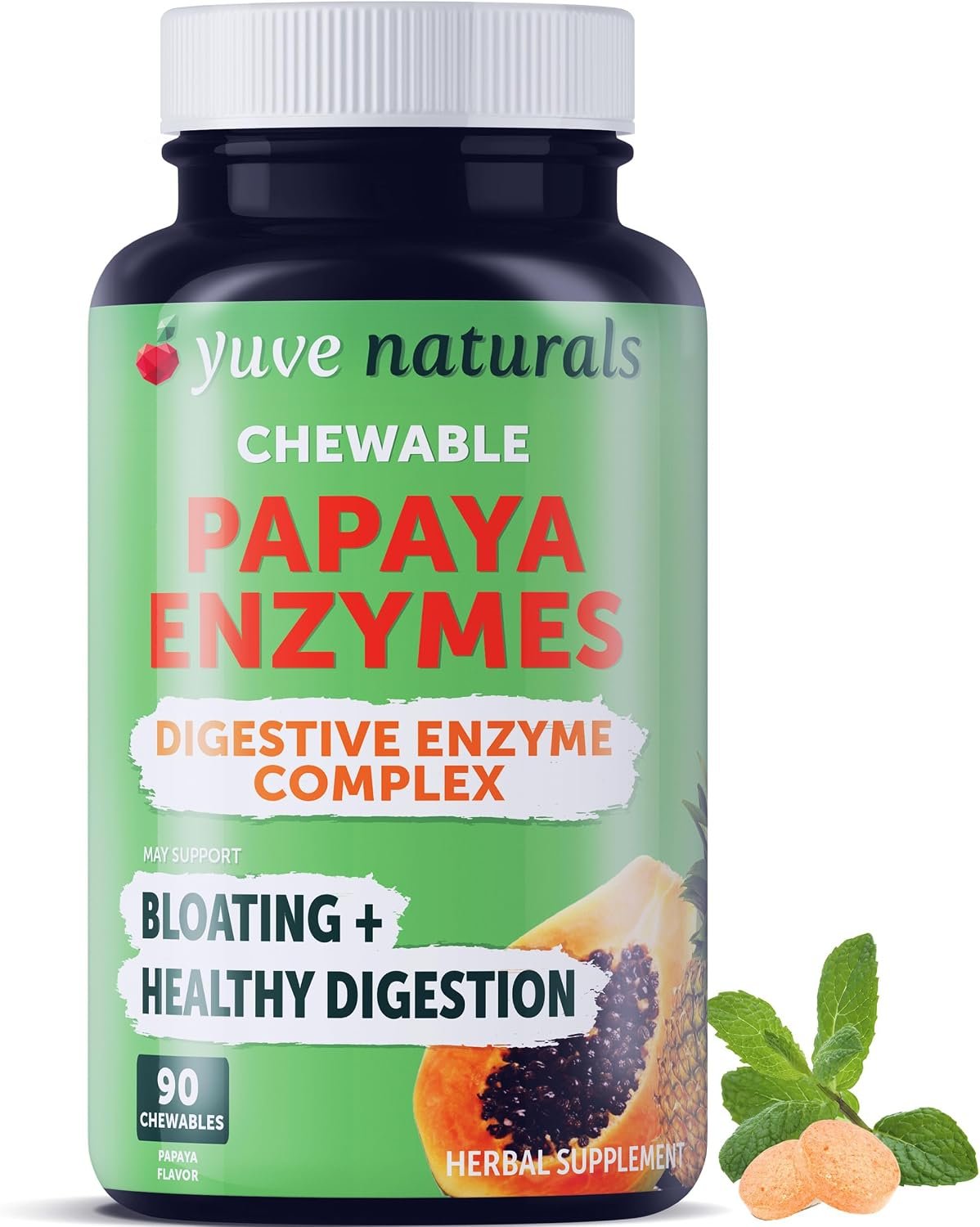Yuve Naturals Chewable Papaya Enzymes – Sugar-Free Plant-Based Digestive Enzyme Complex for Gas, Bloating & Post-Meal Comfort – Vegan, Non-GMO, Gluten-Free – 90ct