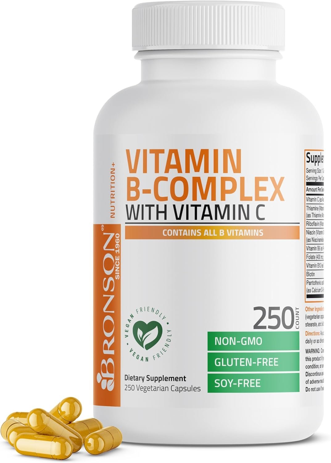 Bronson Vitamin B Complex with Vitamin C Vegetarian Capsules, 250 Count