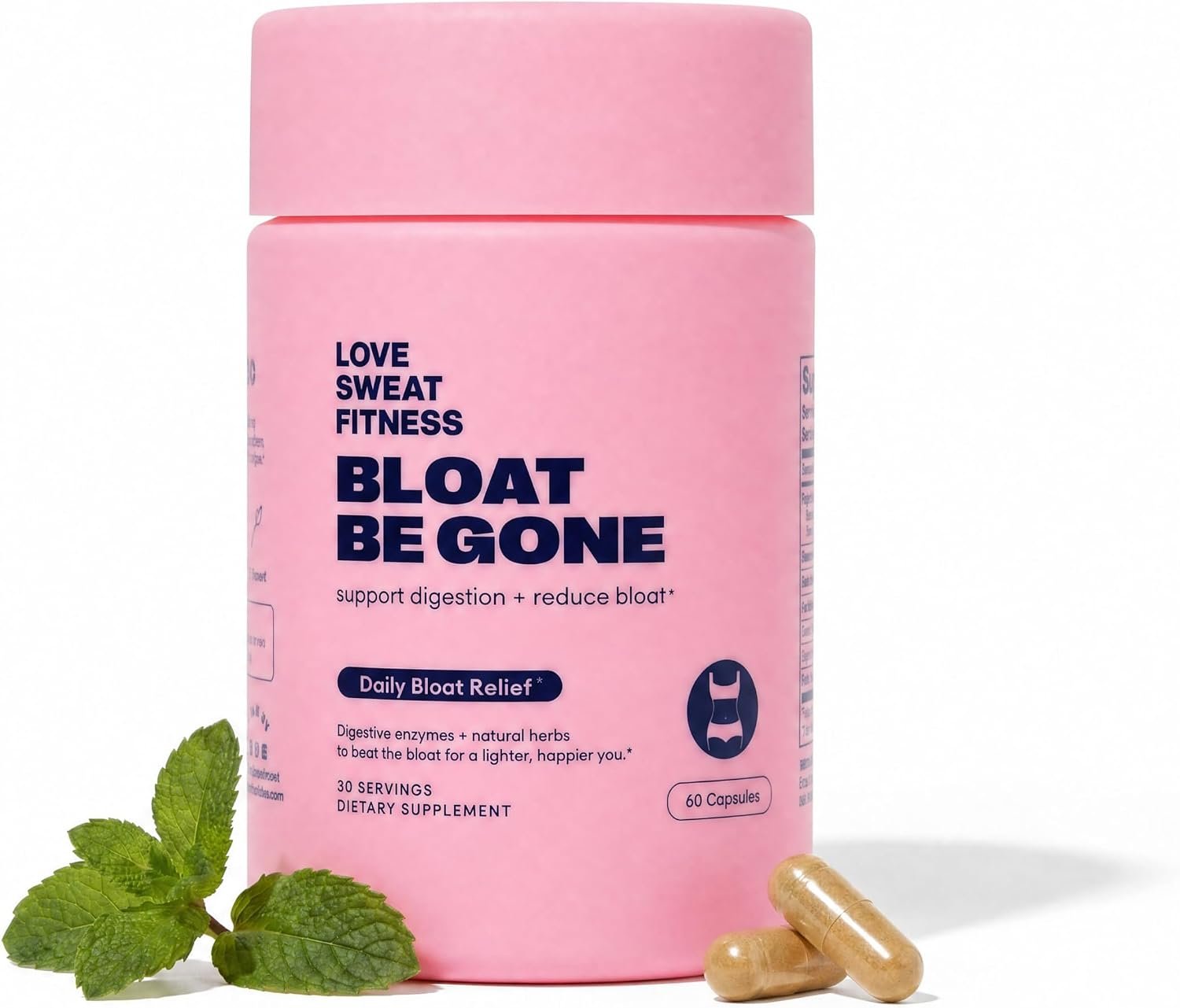 Love Sweat Fitness Bloat Be Gone | Bloating Relief for Women | Debloat & Digestive Enzyme Supplement for Gas & Gut Health | Herbal Blend with Ginger, Turmeric & Peppermint | 60 Vegan Capsules
