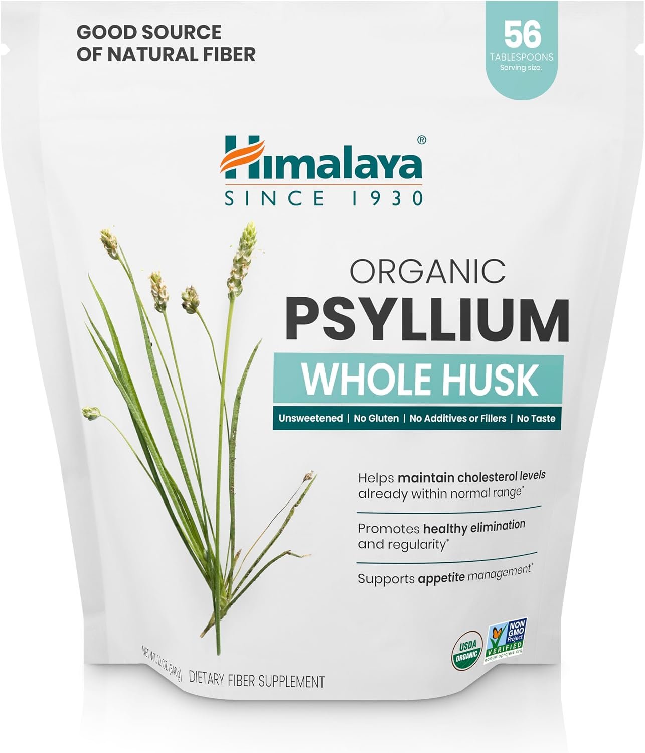 Himalaya USDA Organic Psyllium Whole Husk Powder, Natural Daily Fiber Supplement, Regularity, Appetite Management, Non-GMO, 56-Tablespoon Supply, Unflavored, 12 Oz