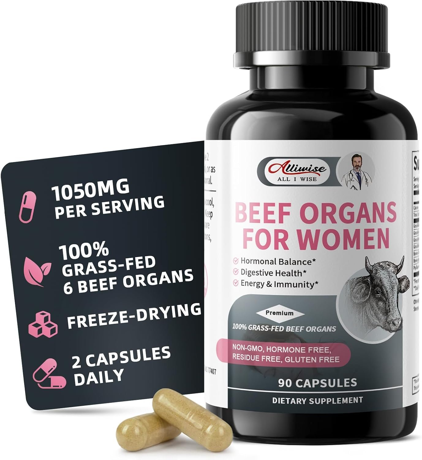 Beef Organ Supplement for Women 100% Grass Fed Beef Organs Complex 90 Count
