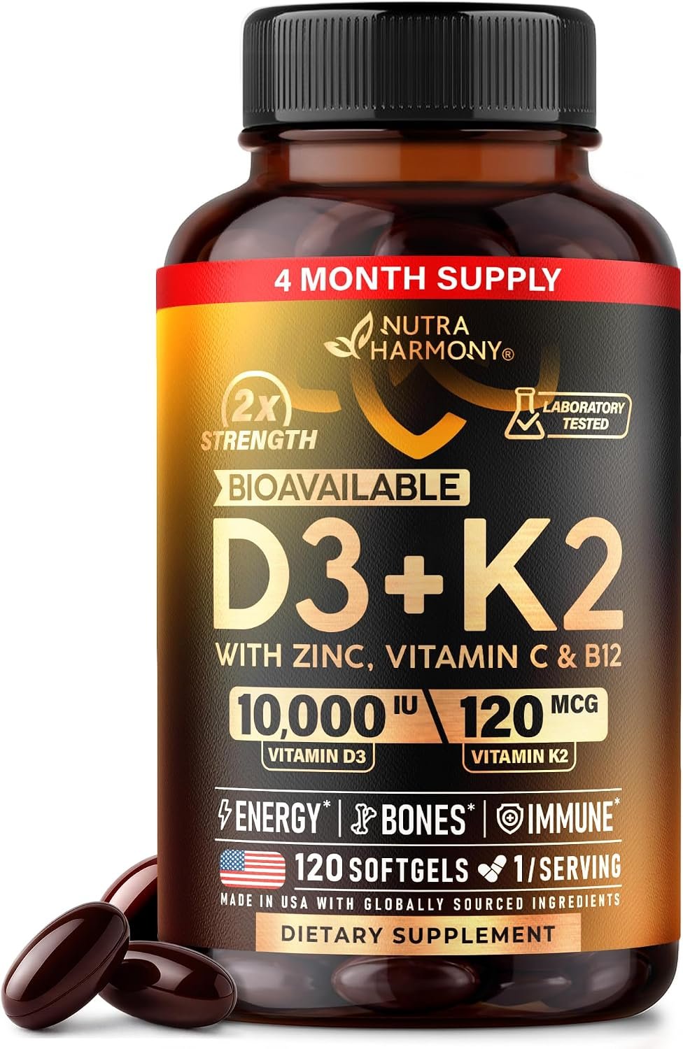 Vitamin D3 K2 – D3 10000iu & K2 120mcg – Highly Bioavailable – 120Softgels