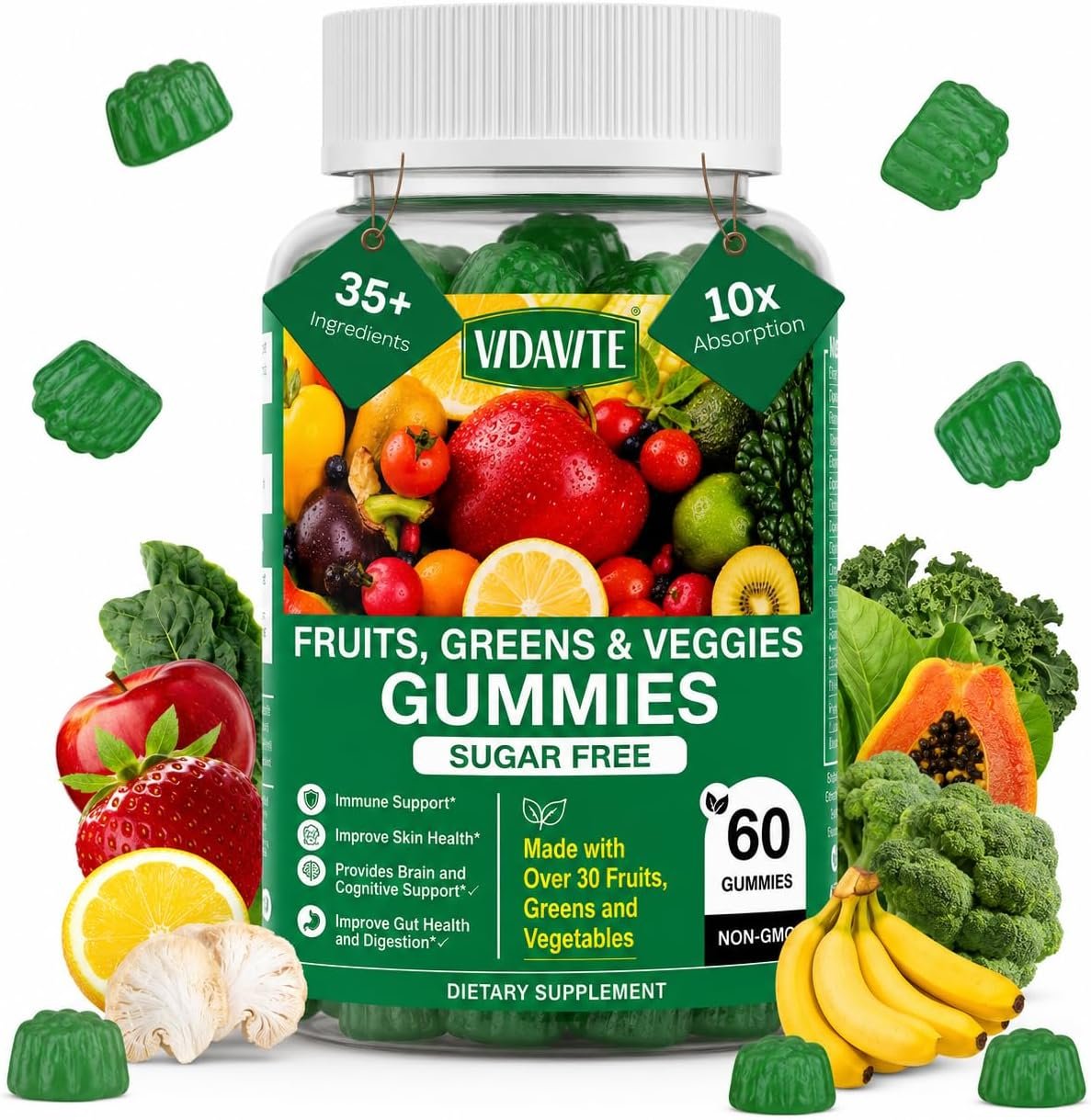 Sugar-Free Super Greens Gummies — Fruits and Veggies Supplement (30-Days)