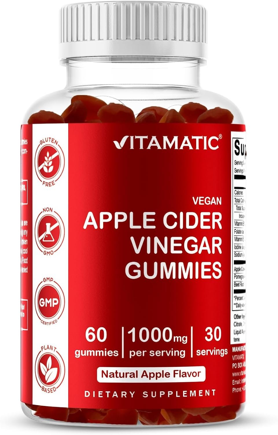 Vitamatic Apple Cider Vinegar Gummies 1000 mg Per Serving, 60 Vegan Gummies