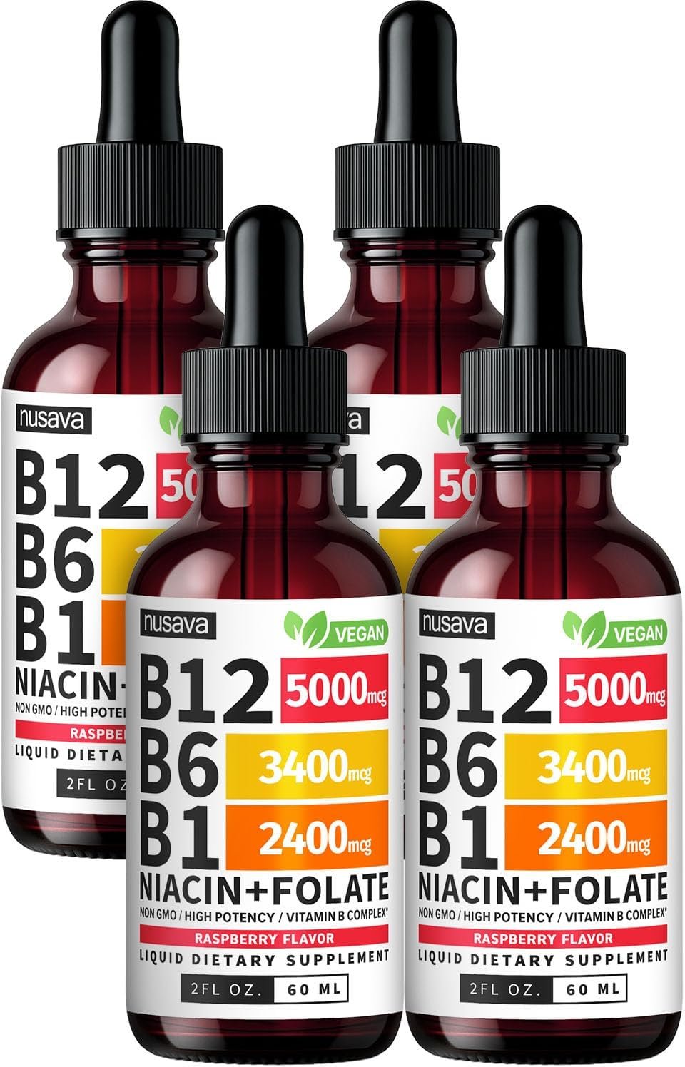 NUSAVA Vitamin B12 5000mcg with B6 & B1 Liquid Drops, Raspberry, Pack of 4