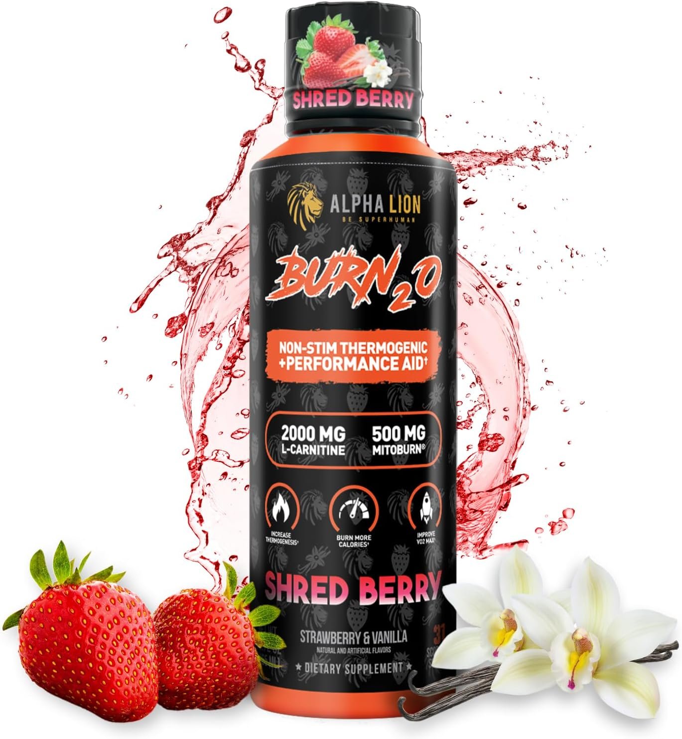 ALPHA LION Burn2O L-Carnitine Liquid 2000mg, Premium Liquid Fat Burner & Pre-Workout Supplement for Men & Women – Natural Energy & Metabolism Booster for Weight Loss – ShredBerry