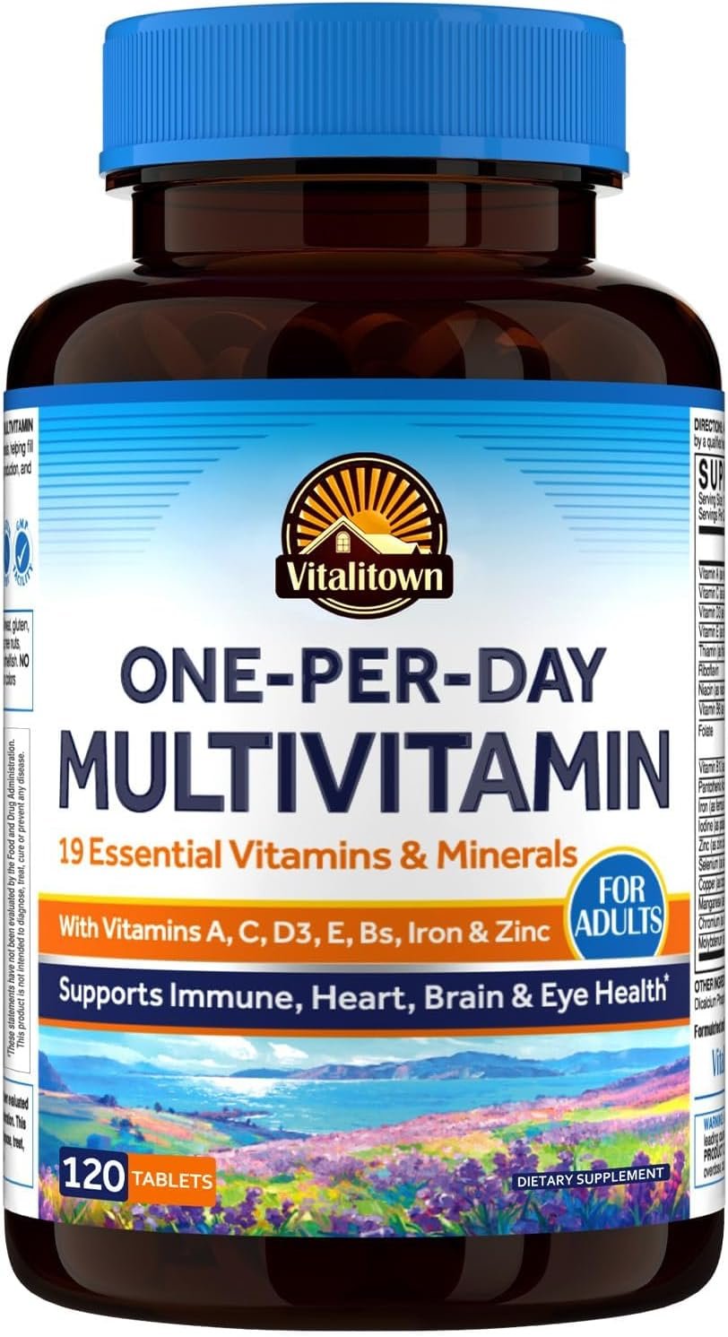 Vitalitown Multivitamin for Women & Men, with Iron, Zinc, Vitamin D3, A, C, B, E, 19 Key Nutrients, One Per Day, for Energy, Immune, Brain, Heart Support, 120 Tablets