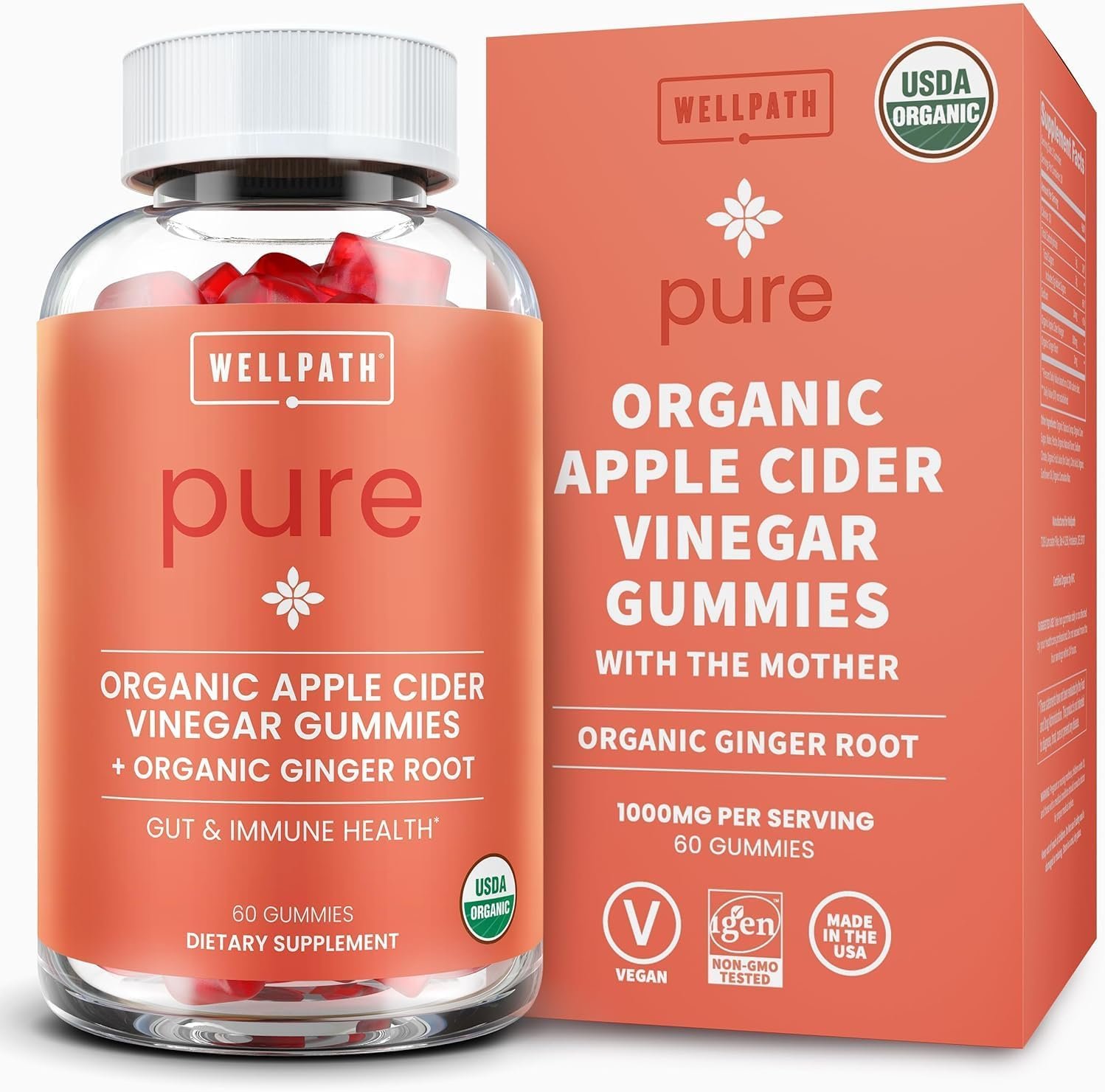 WellPath Organic Apple Cider Vinegar Gummies with The Mother, Vegan, 60 Ct