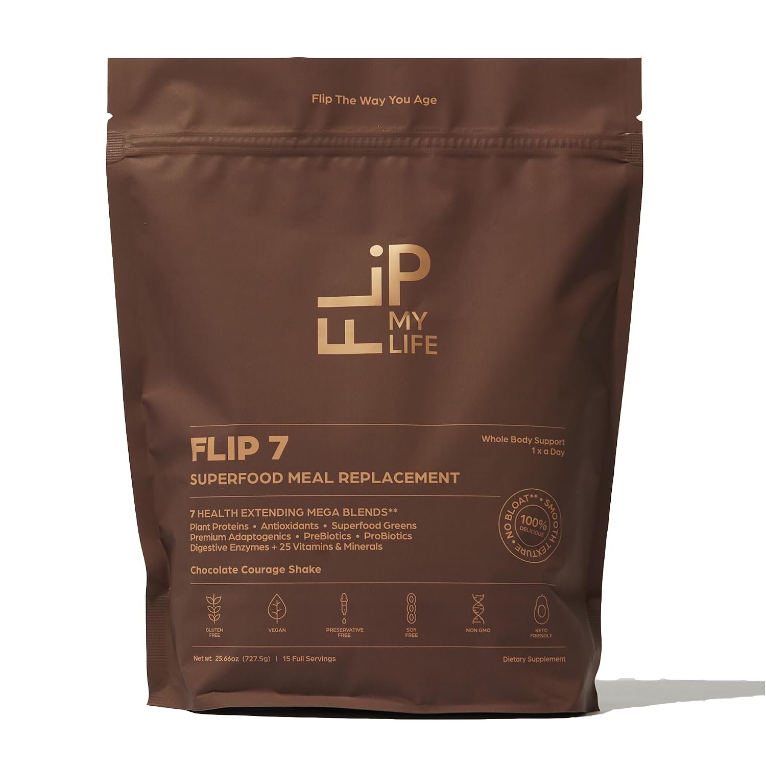 Flip My Life, Flip 7 Natural SuperFood, Plant-Based Protein, Complete Meal Replacement to Support Healthy Gut, 7 Mega Nutrient Rich Blends all in one to AGE BETTER – Chocolate