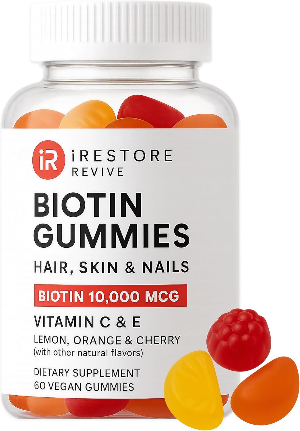 iRestore Biotin Gummies 10,000 mcg – 3 Natural Fruit Flavors, Hair Vitamins Multi Supplement for Hair Skin and Nails for Women & Men, 60 Vegan Gummies, 30 Day Supply