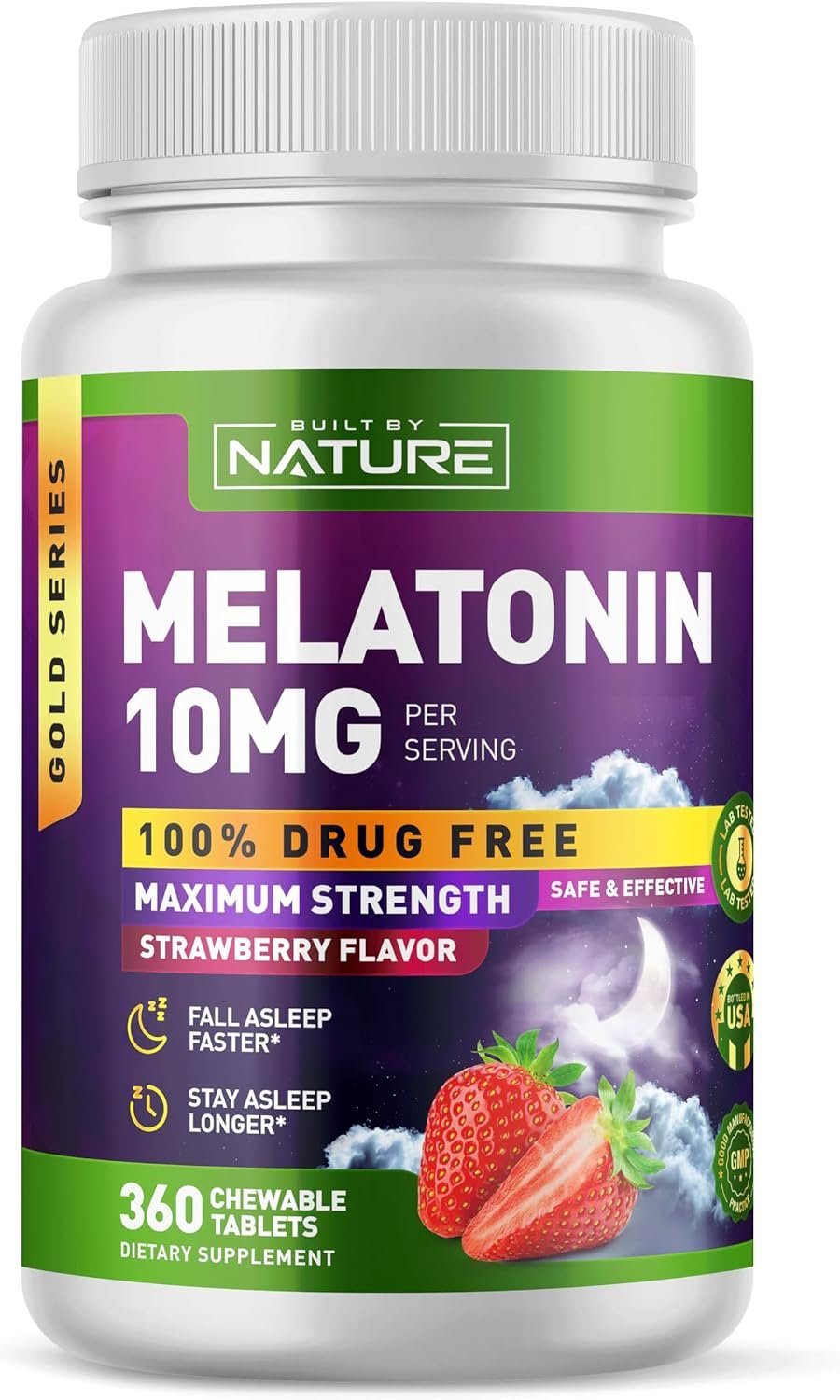 Built by Nature Melatonin 10 mg Sleep Aid, Strawberry, 360 Tablets Gummies Alternative, Extra Strength, Drug Free, Naturally Flavored, Chewable