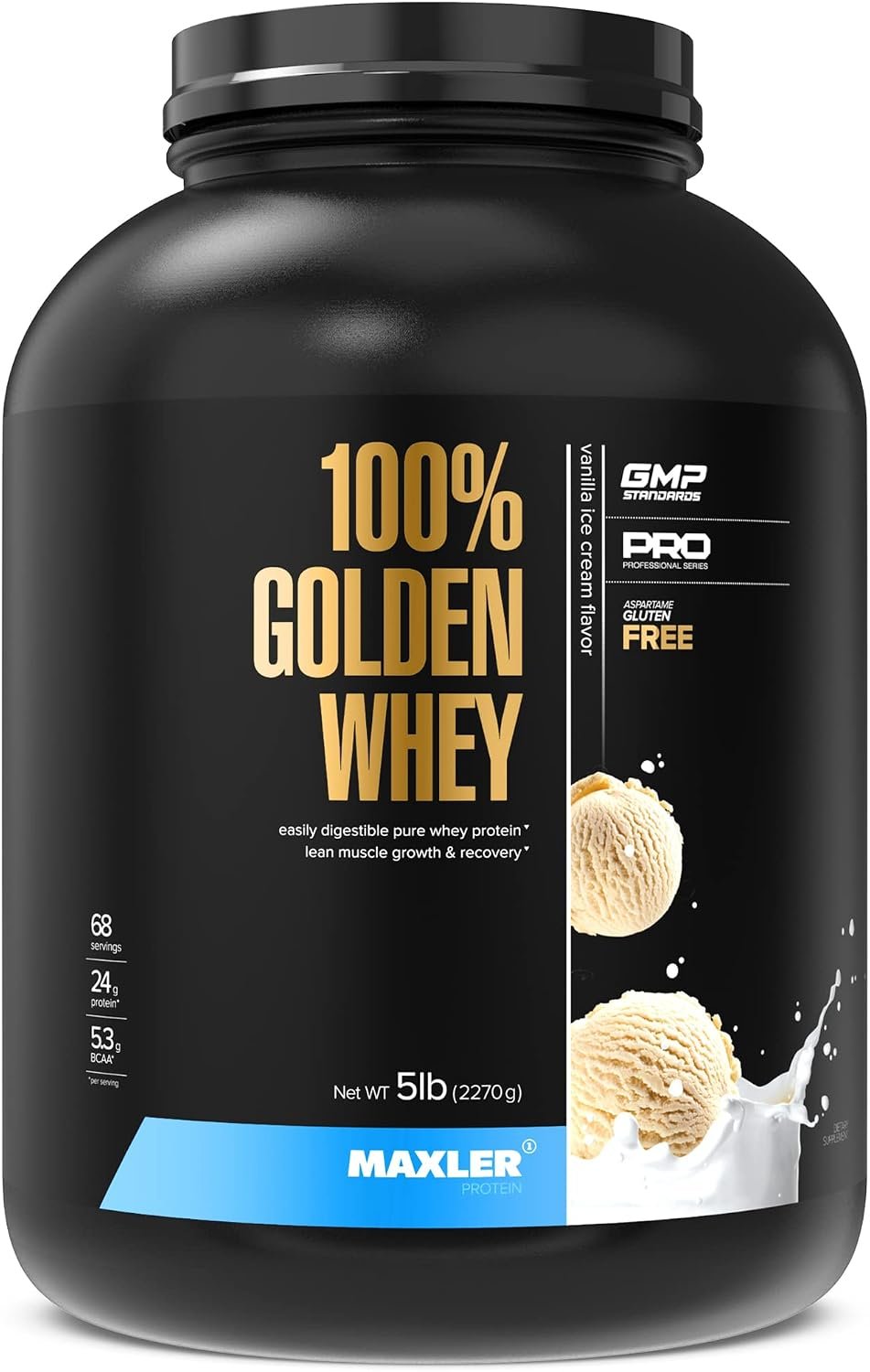 Maxler 100% Golden Whey Protein – 24g of Protein per Serving – Whey Protein Powder for Pre Post Workout – Fast-Absorbing Whey Concentrate, Isolate & Hydrolysate Blend – Vanilla Ice Cream 5 lb