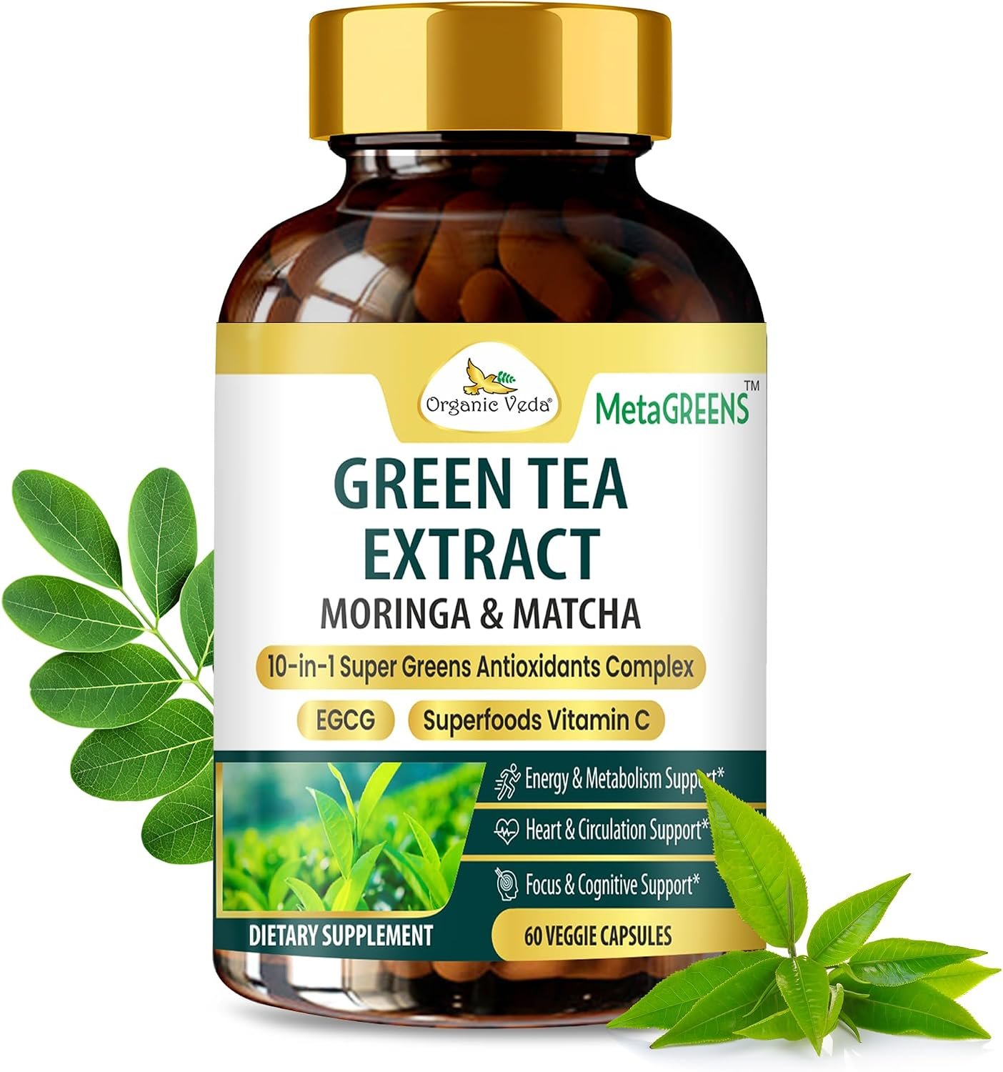 Organic Veda Green Tea Extract Matcha Moringa EGCG Capsules – 95% Polyphenols, MetaGreens Antioxidant Energy & Metabolism Supplement – Green Coffee Bean Extract, Vitamin C, Matcha Green Tea, 60 Pills