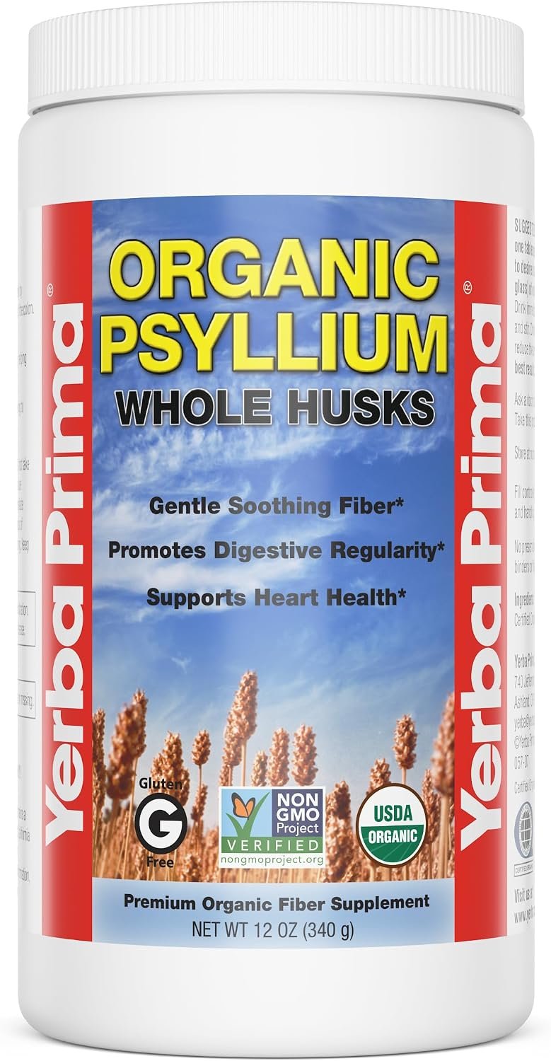 Yerba Prima Organic Psyllium Whole Husks 12 oz – Natural Dietary Fiber Supplement, Non GMO, Gluten Free, Keto and Vegan Friendly for Regularity Support, Unflavored
