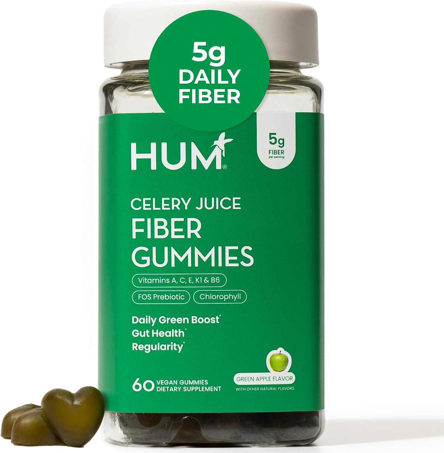 HUM Celery Juice Fiber Gummies Prebiotic Chlorophyll Gut Health, 60 Count