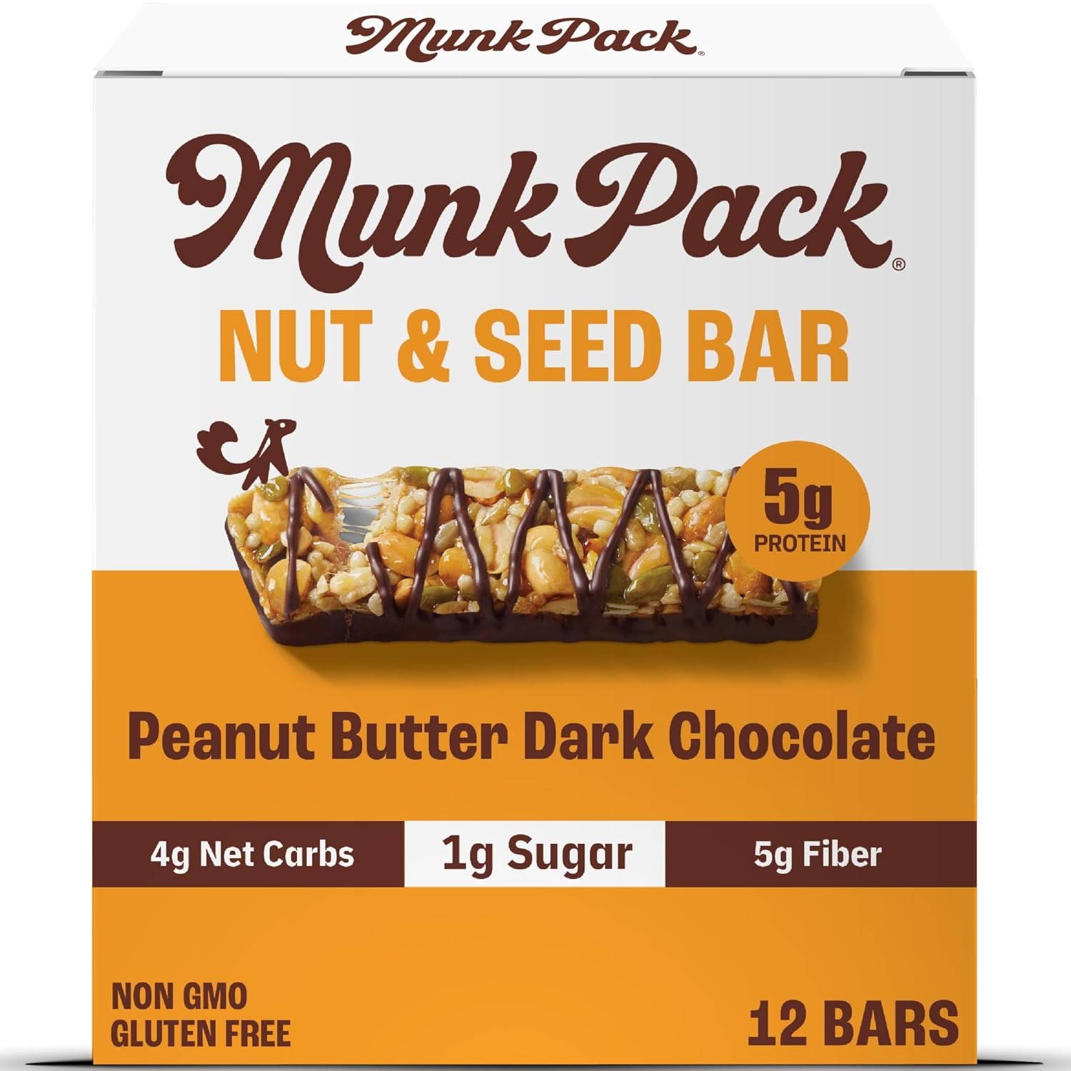 Munk Pack Fiber Nut Bars, Peanut Butter Dark Chocolate, Prebiotic Probiotic GLP-1 Snack, 5g Fiber, Gut Friendly Allulose, Plant Protein, Gluten Free, Keto, No Sugar Alcohol, 3g Net Carb, 12 Count
