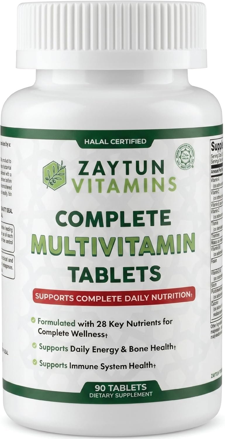 Zaytun Halal Multivitamin Tablets for Women and Men, 28 Essential Vitamin & Minerals with Iron, Magnesium, Biotin, Vegetarian, 90 Tablets – Made in USA