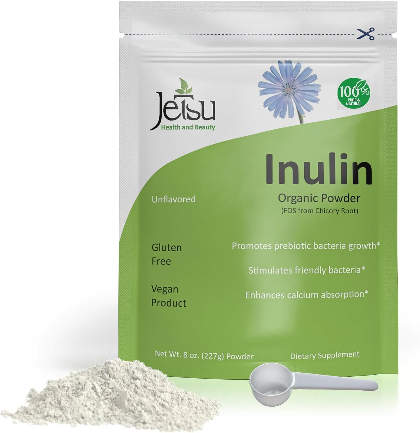 Jetsu Inulin Powder Organic Chicory Root (FOS) – Soluble Inulin Fiber Prebiotic Intestinal Support, Enhances Calcium Absorption, Stimulates Friendly Bacteria, Promotes Prebiotic Growth, 8oz