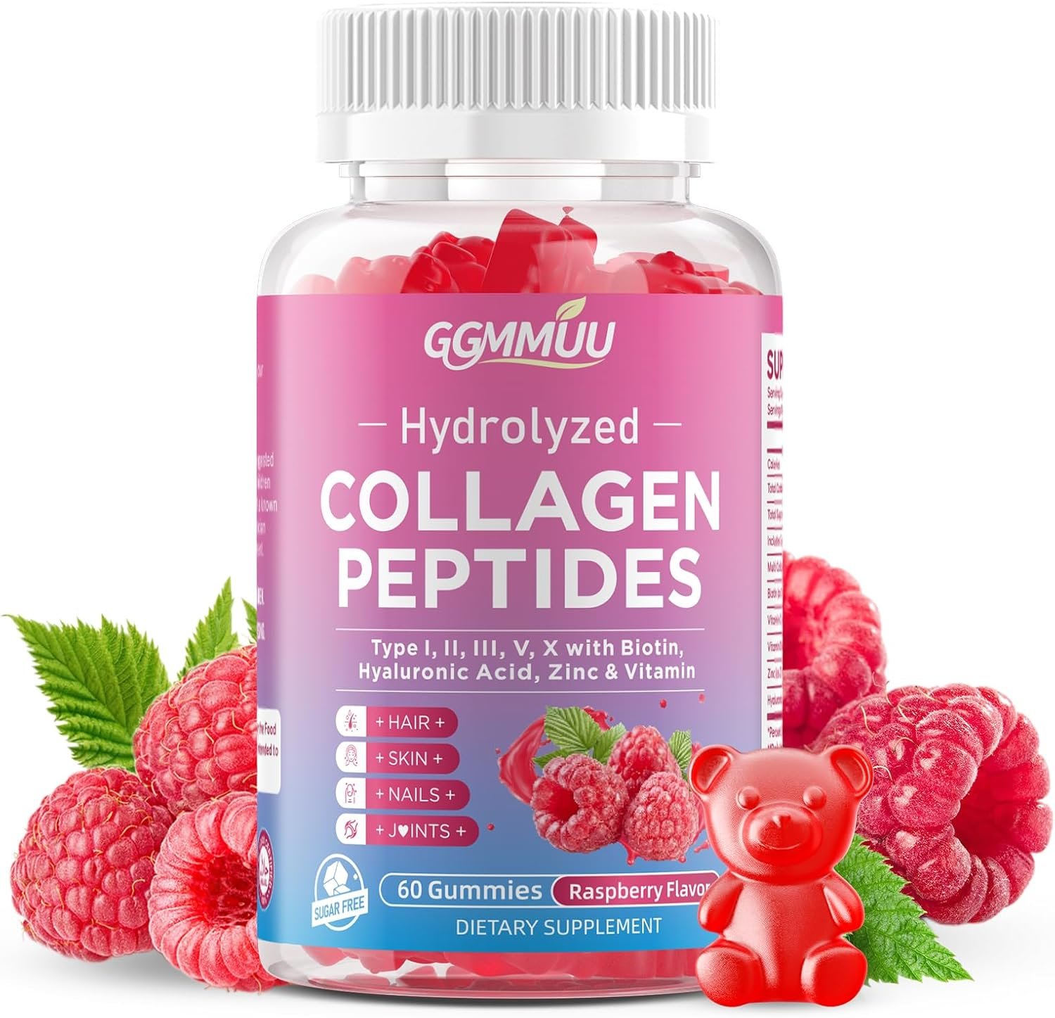 Collagen Peptide Gummies for Women & Men, Raspberry Flavor, 60 Count