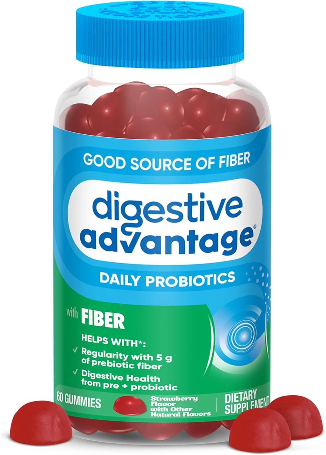 Digestive Advantage Prebiotic Fiber Supplement with Probiotics for Women & Men Digestive Health, Fiber Gummies for Adults Regularity and Gut Health, 60ct Strawberry Flavor