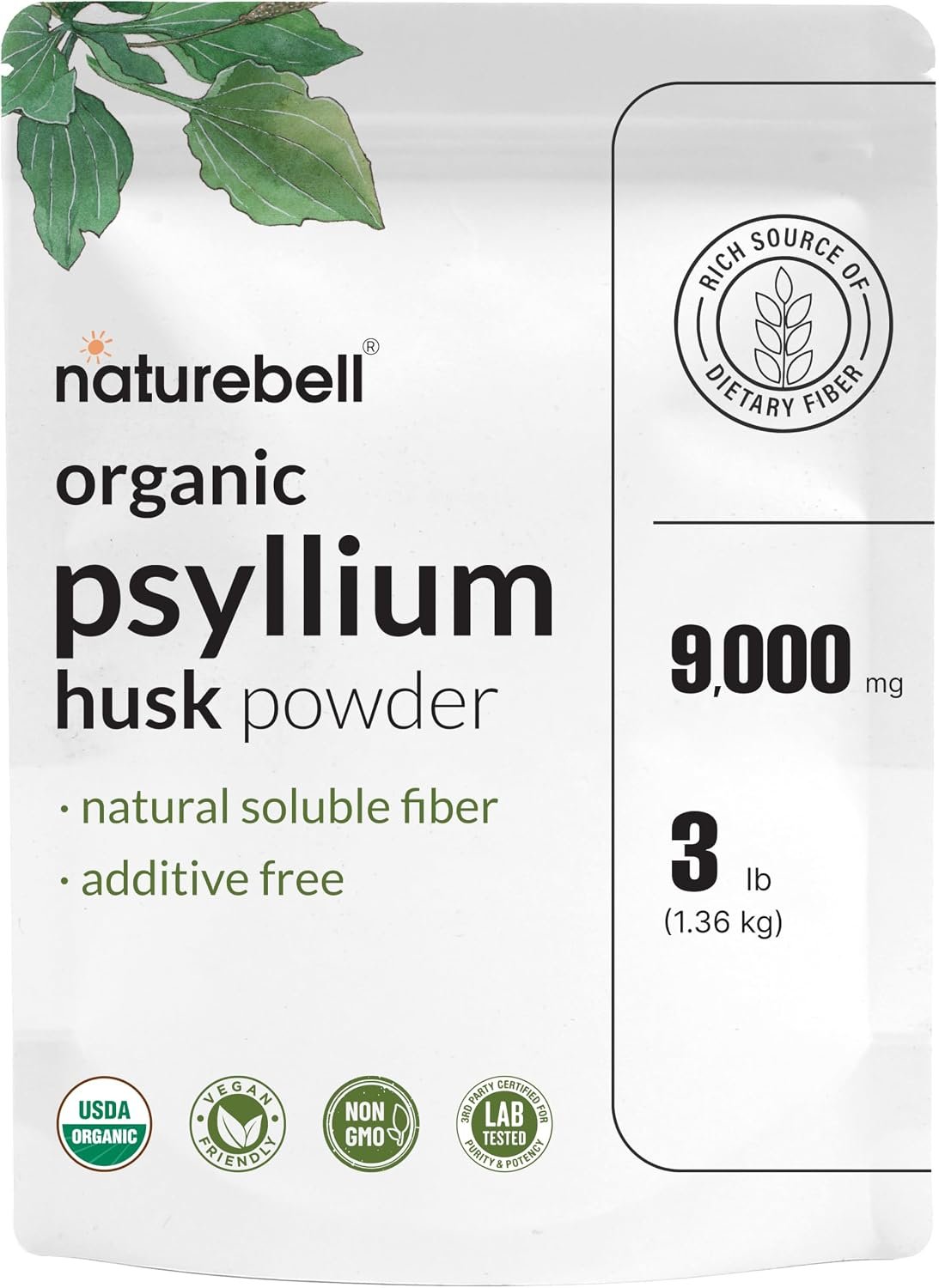 NatureBell Psyllium Husk Fiber Supplement, 9g Per Serving, 3lb (48oz) Powder | Organic Soluble Fiber for Digestive & Gut Health | Plant-Based, Unflavored, Non-GMO, Gluten-Free
